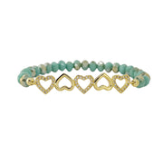five hearts crystal stretch bracelet seafoam beads with heart charms