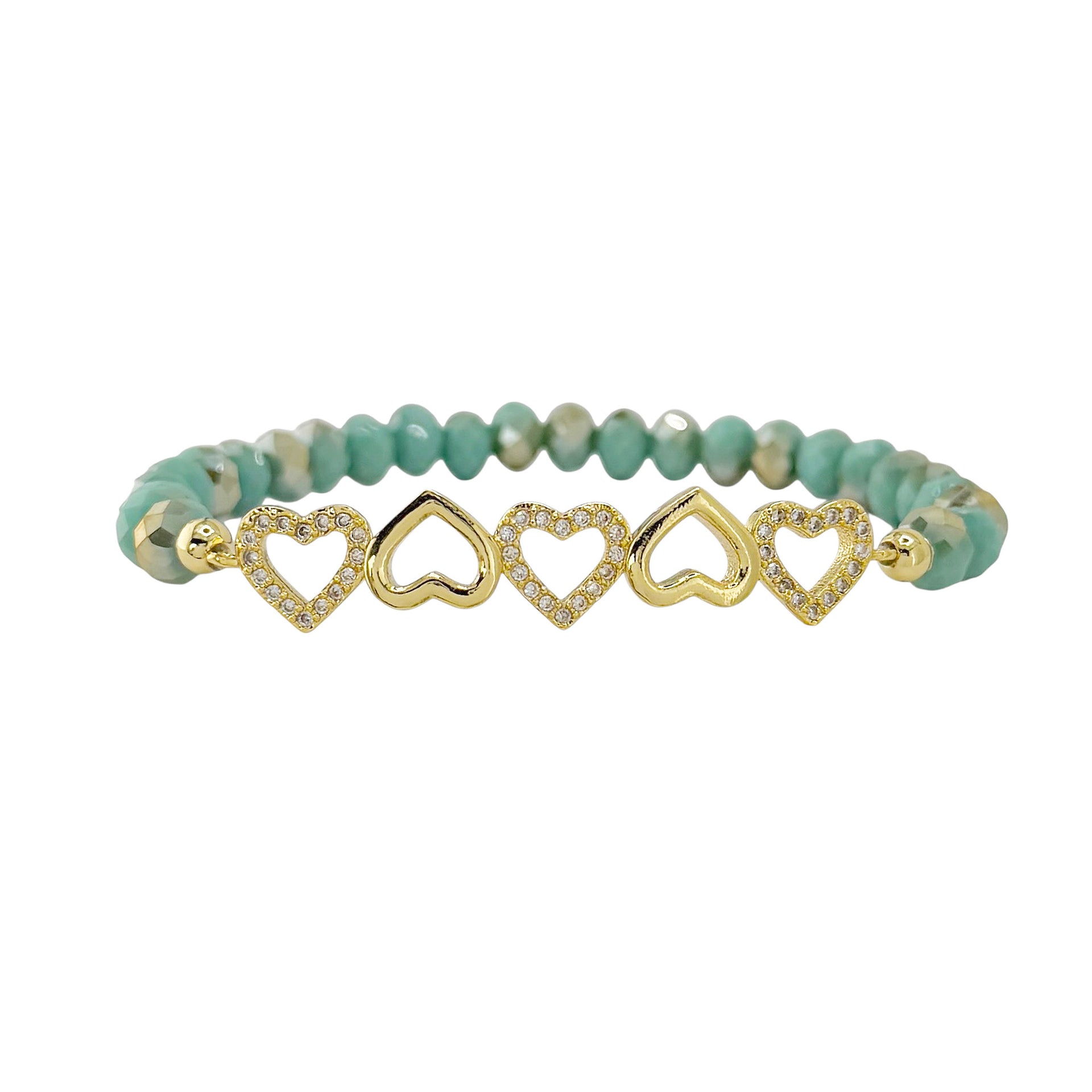 five hearts crystal stretch bracelet seafoam beads with heart charms