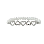 five hearts crystal stretch bracelet white beads with heart charms