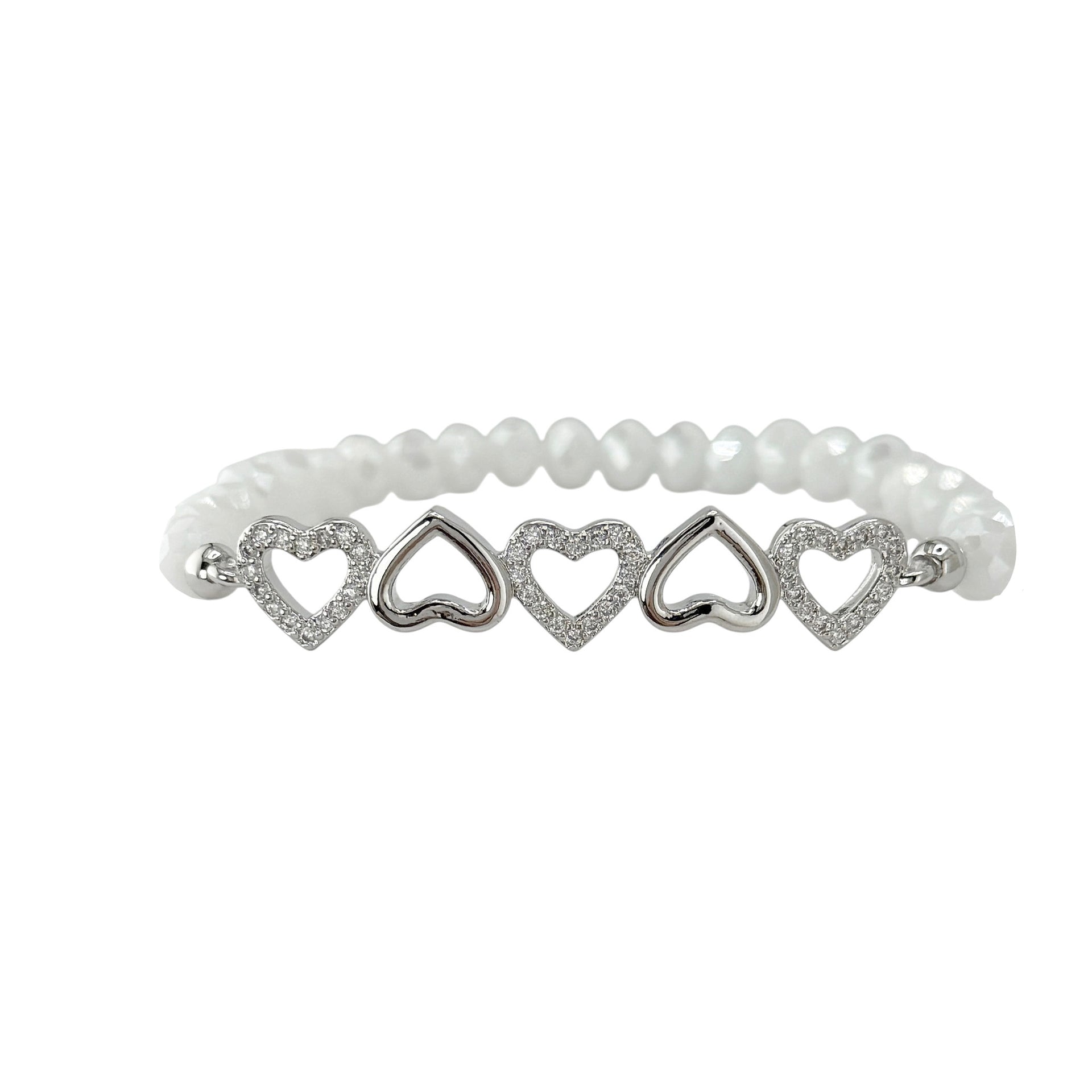 five hearts crystal stretch bracelet white beads with heart charms