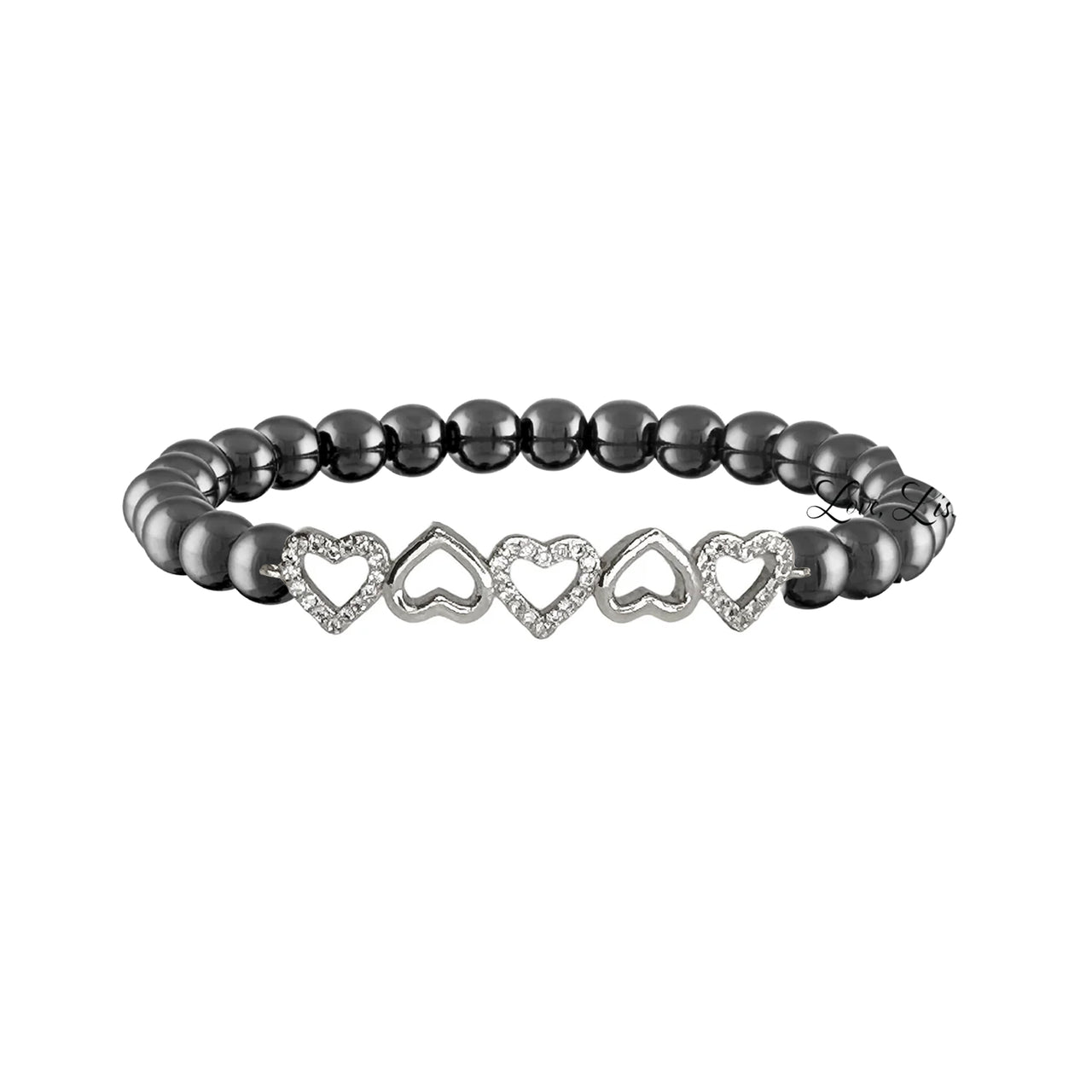 A bracelet featuring five open-heart charms with sparkling crystals, polished beads, and a stretch design.