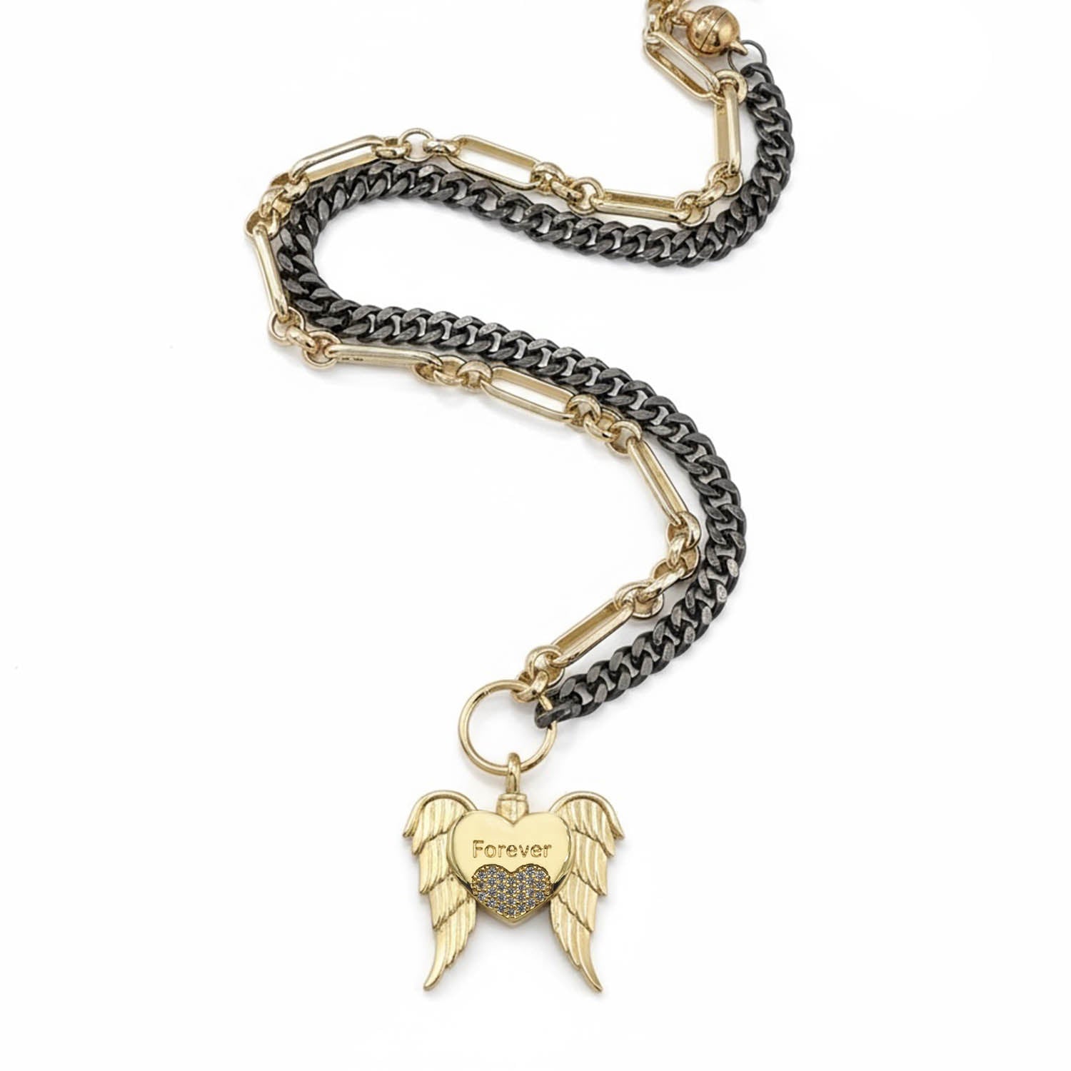 Necklace with gold and black chain and angel wing charm on a white background