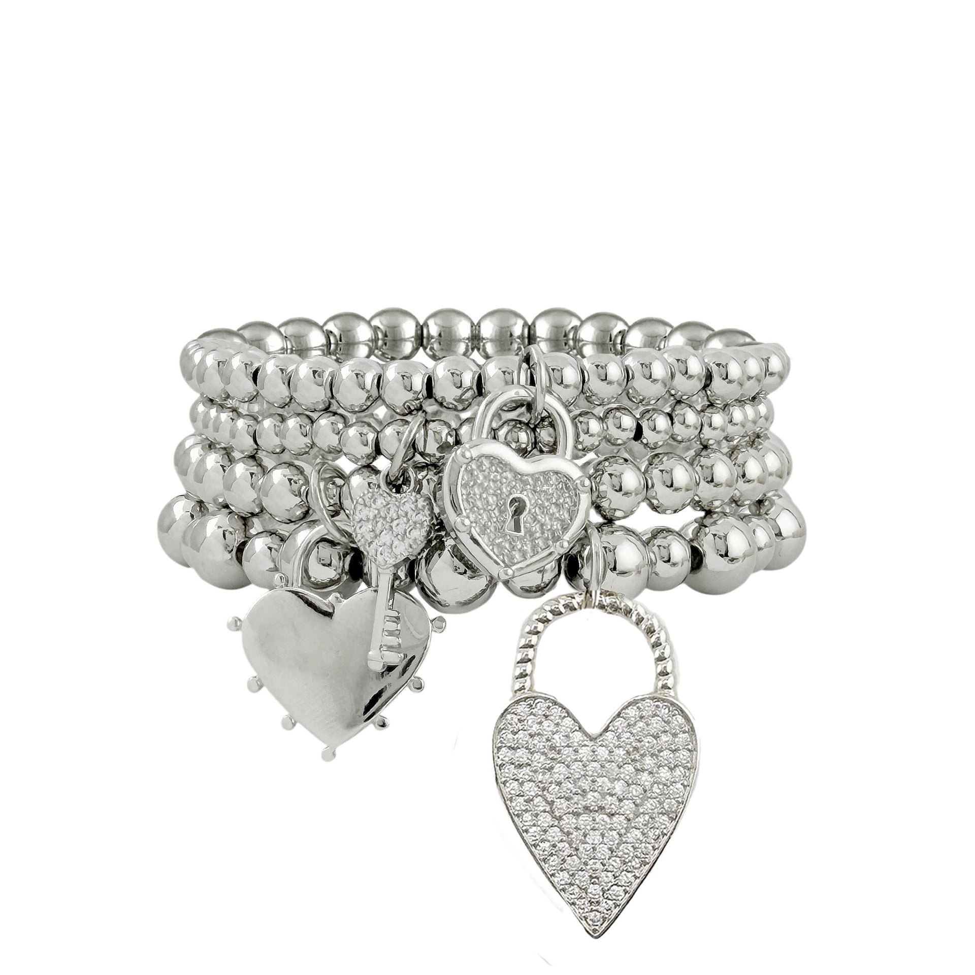 Silver lock and key heart charm stretch bracelet stack elastic fit symbolic jewelry