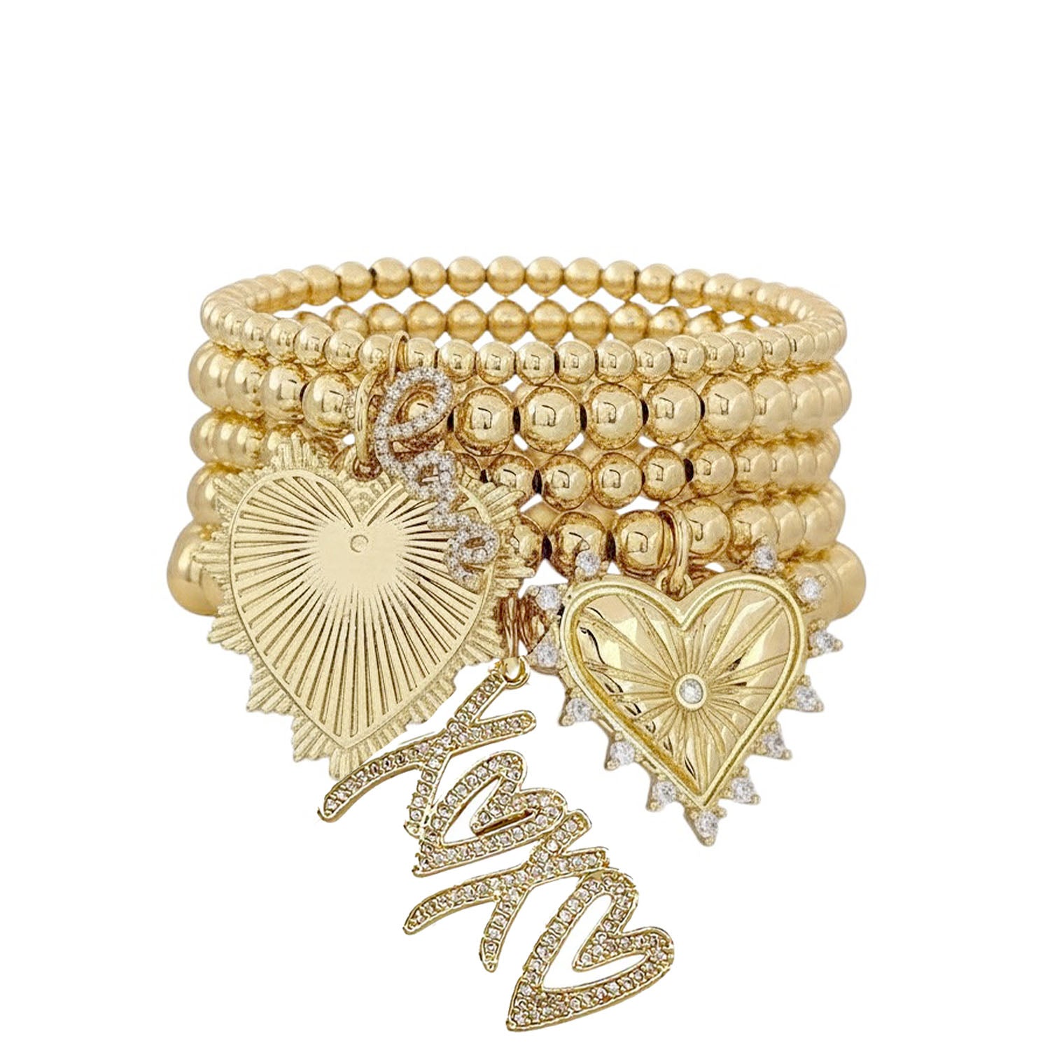 francesca xoxo heart charm bracelet stack gold beads and heart charms for valentine's day