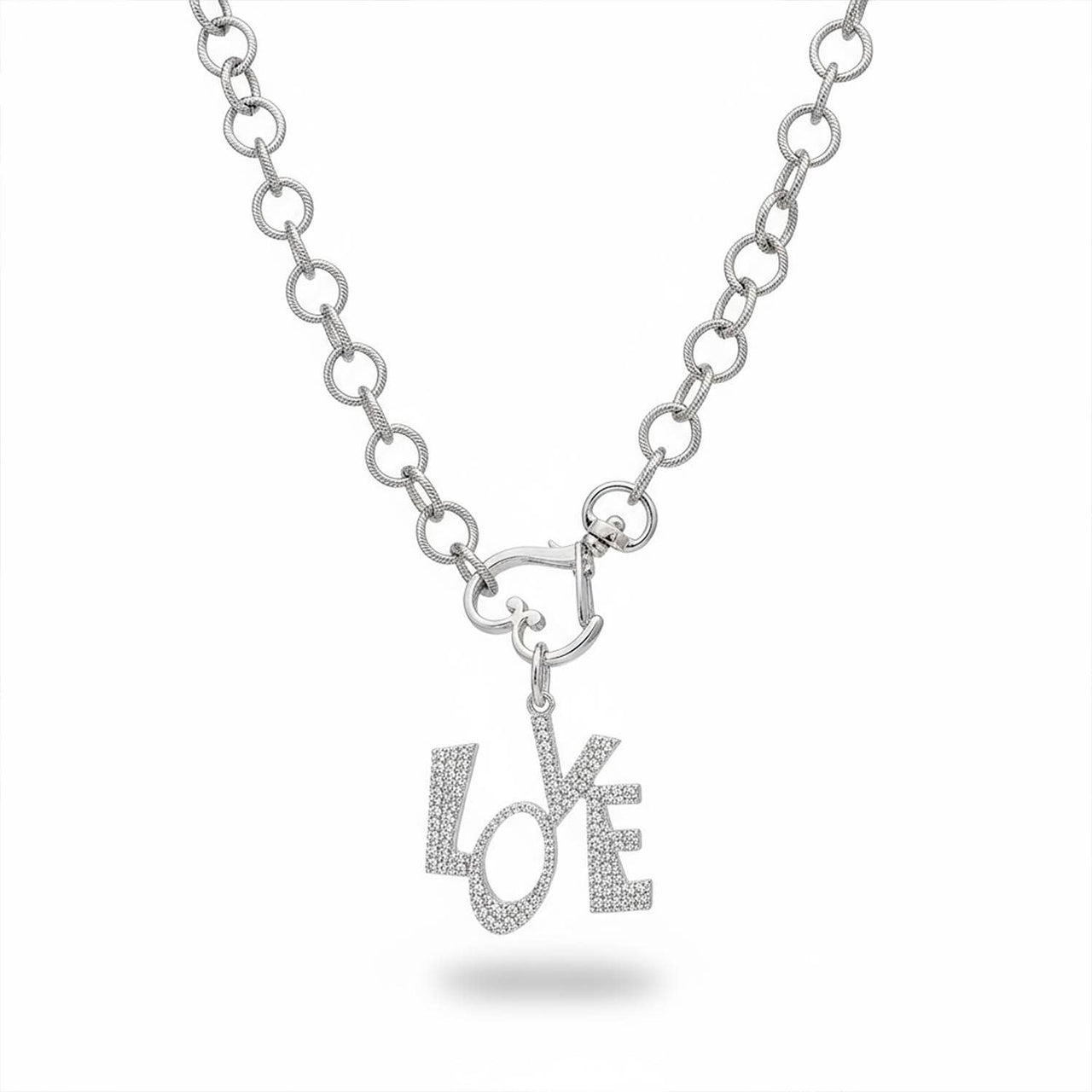 Silver necklace with 'LOVE' pendant on a white background