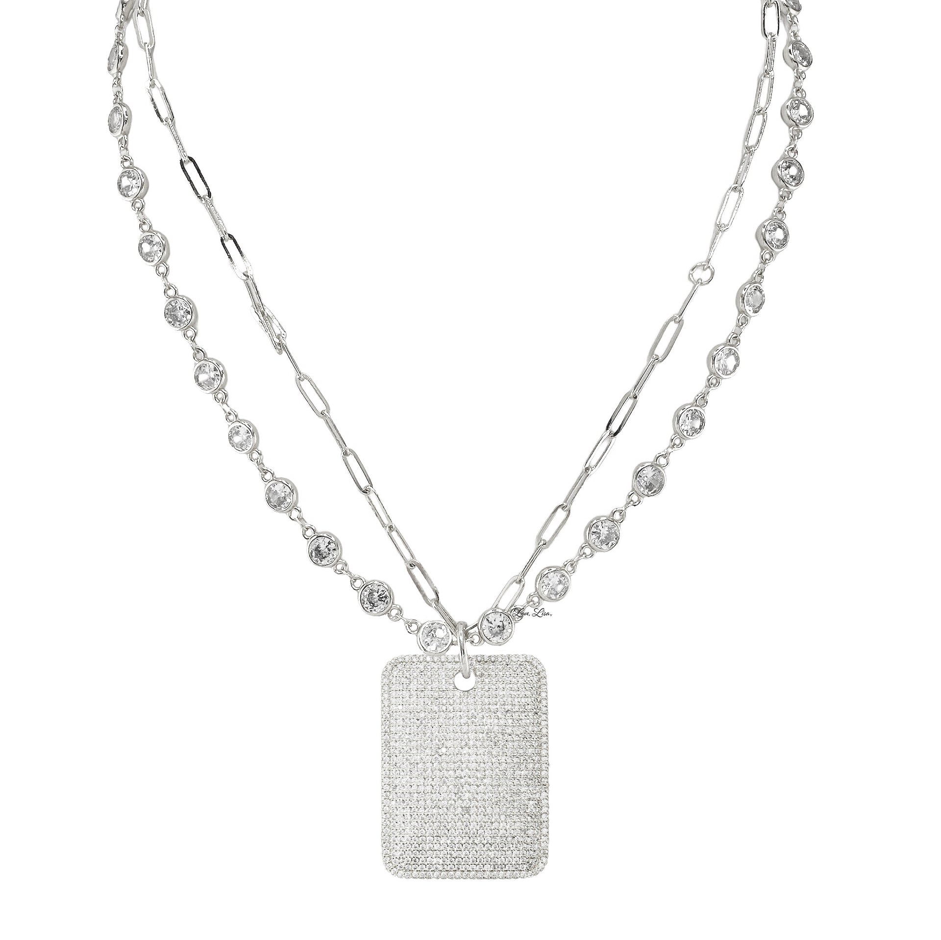 Love Lisa Gabby Diamond Dog Tag Necklace in silver with oversized pendant