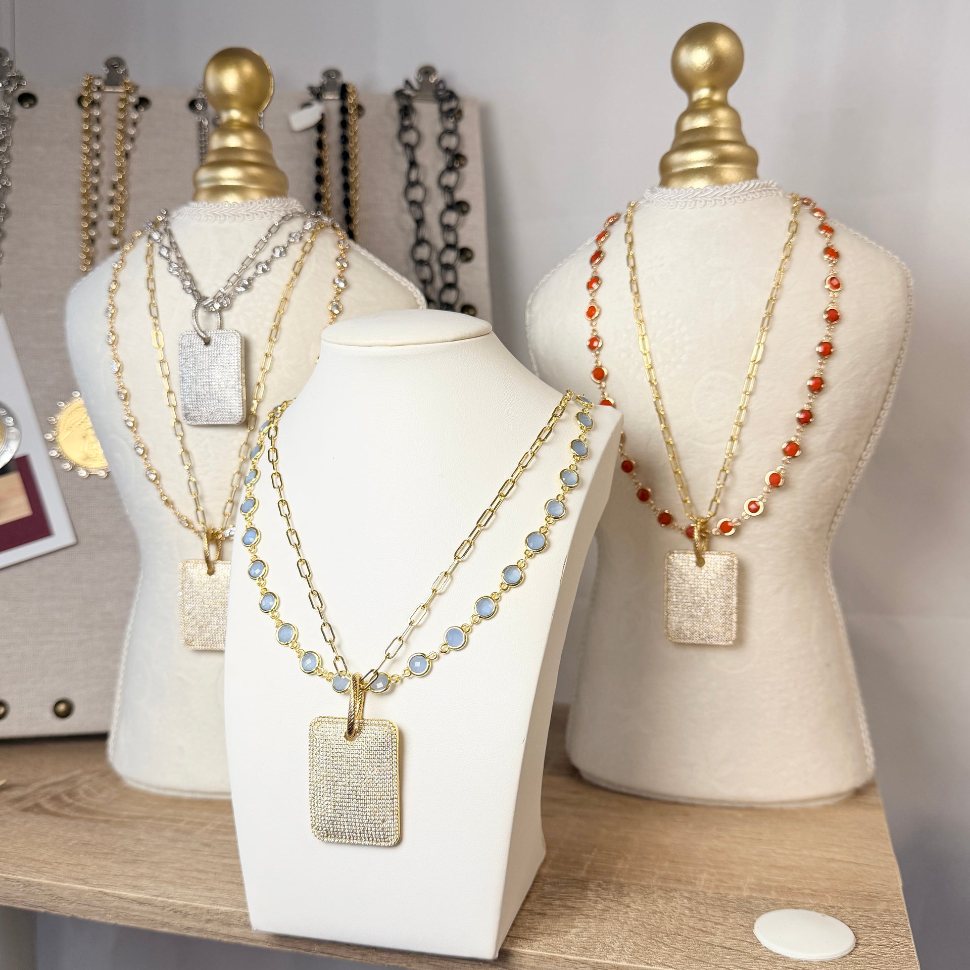 three displays with gabby diamond by the yard necklaces