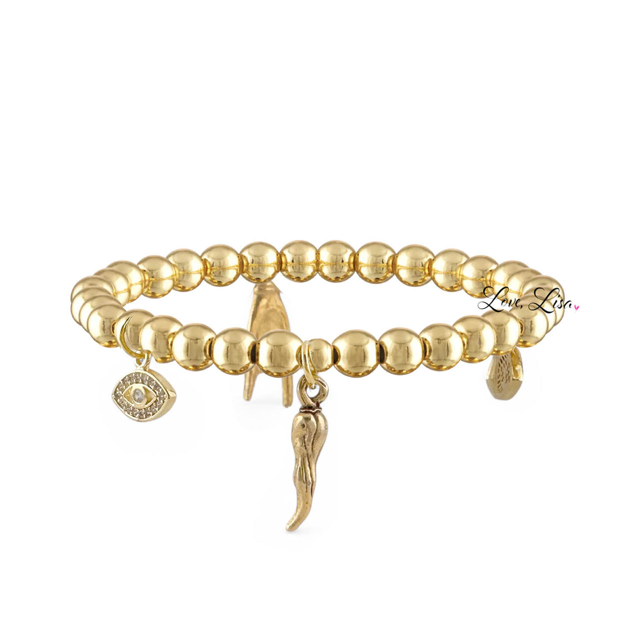 Gold beaded bracelet with charms on a white background
