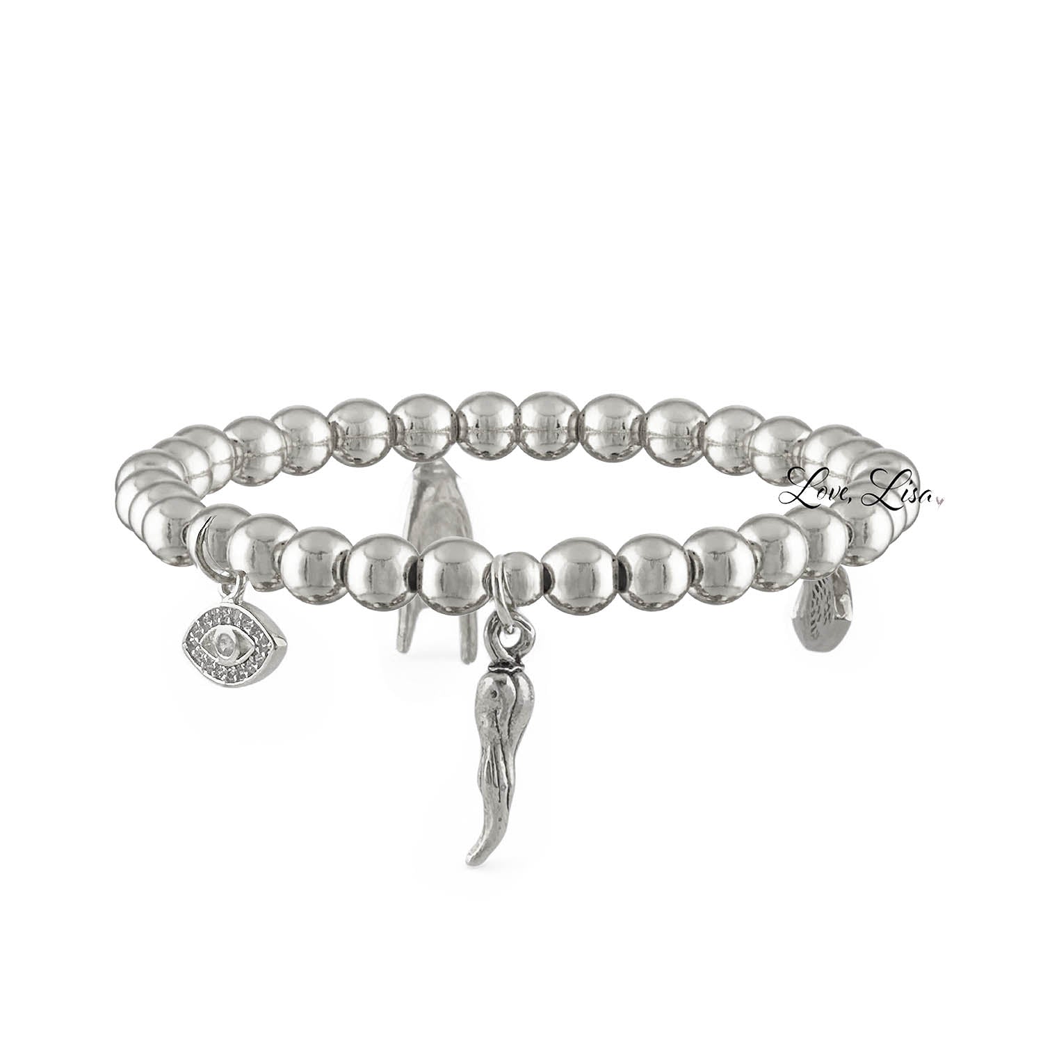 Gabriella Italian Horn Charm Bracelet silver beads with evil eye mano and cornicello charms Love Lisa