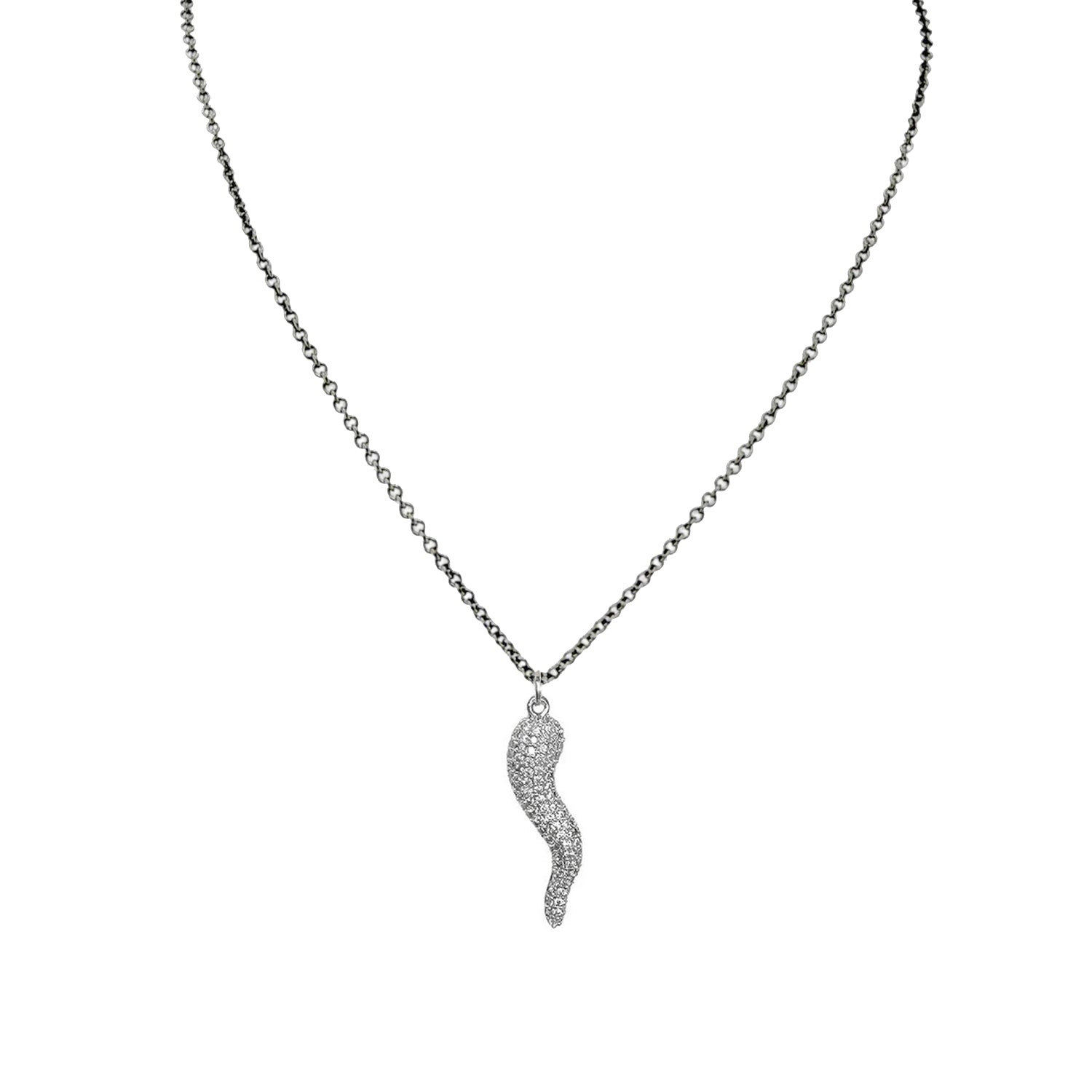 Gia Large Glam Pavé Horn Necklace in gunmetal with Italian Cornicello charm on 16 inch chain