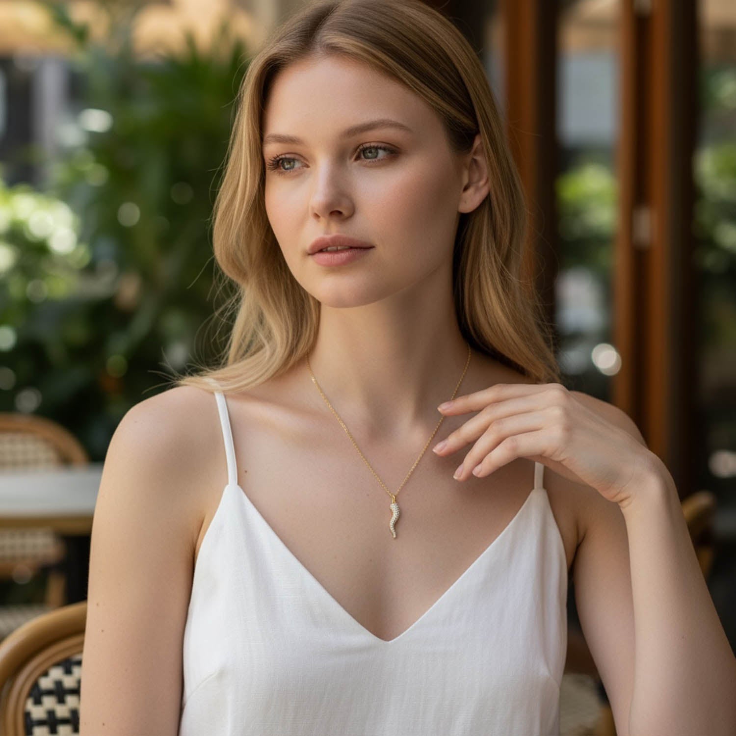 Detailed view of the gold chain on Gia Large Pavé Horn Necklace with Italian Cornicello pendant