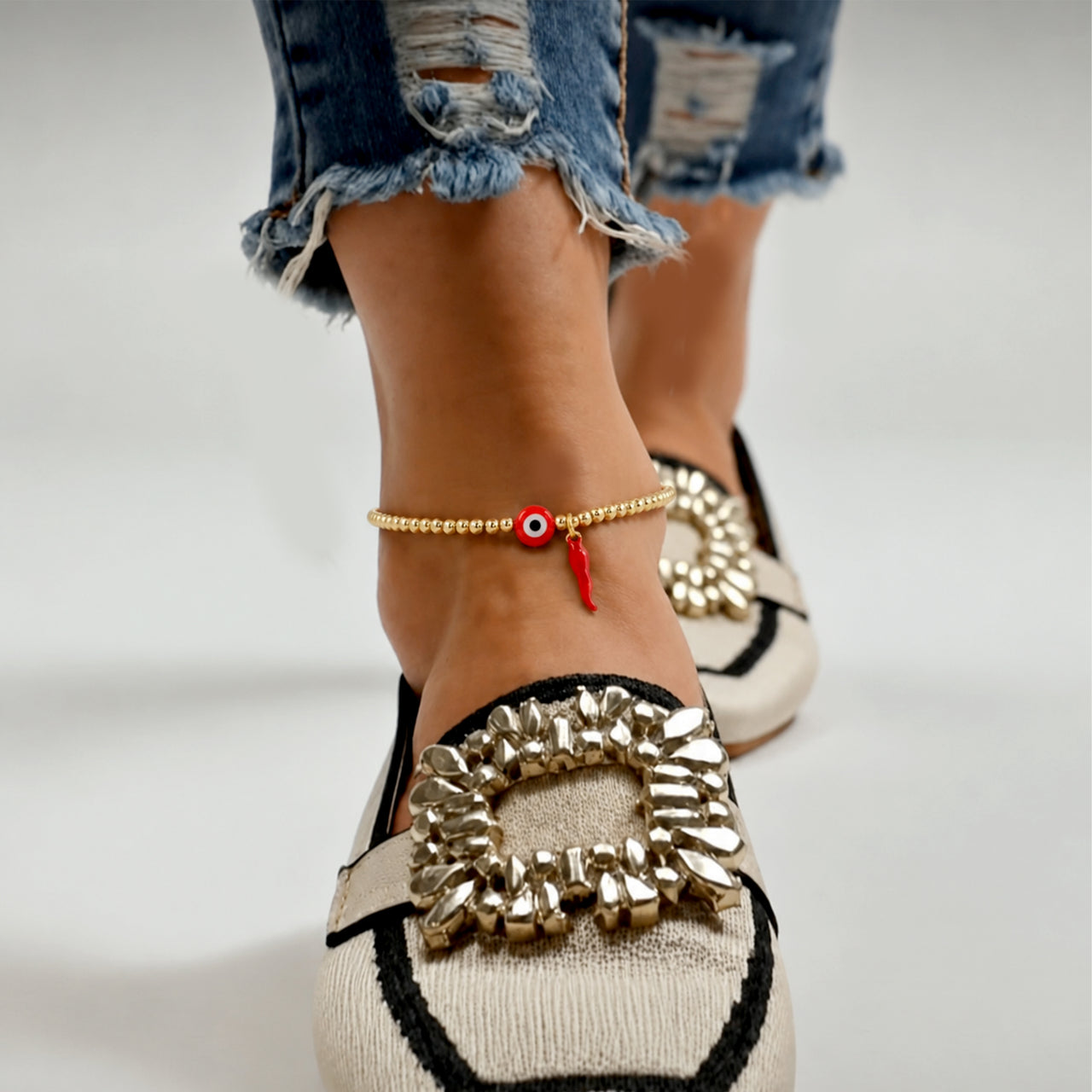 Love Lisa Italian horn evil eye anklet worn on ankle red cornicello charm protection anklet
