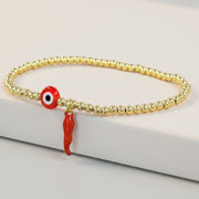 gold Italian horn evil eye anklet red enamel cornicello charm beaded stretch anklet