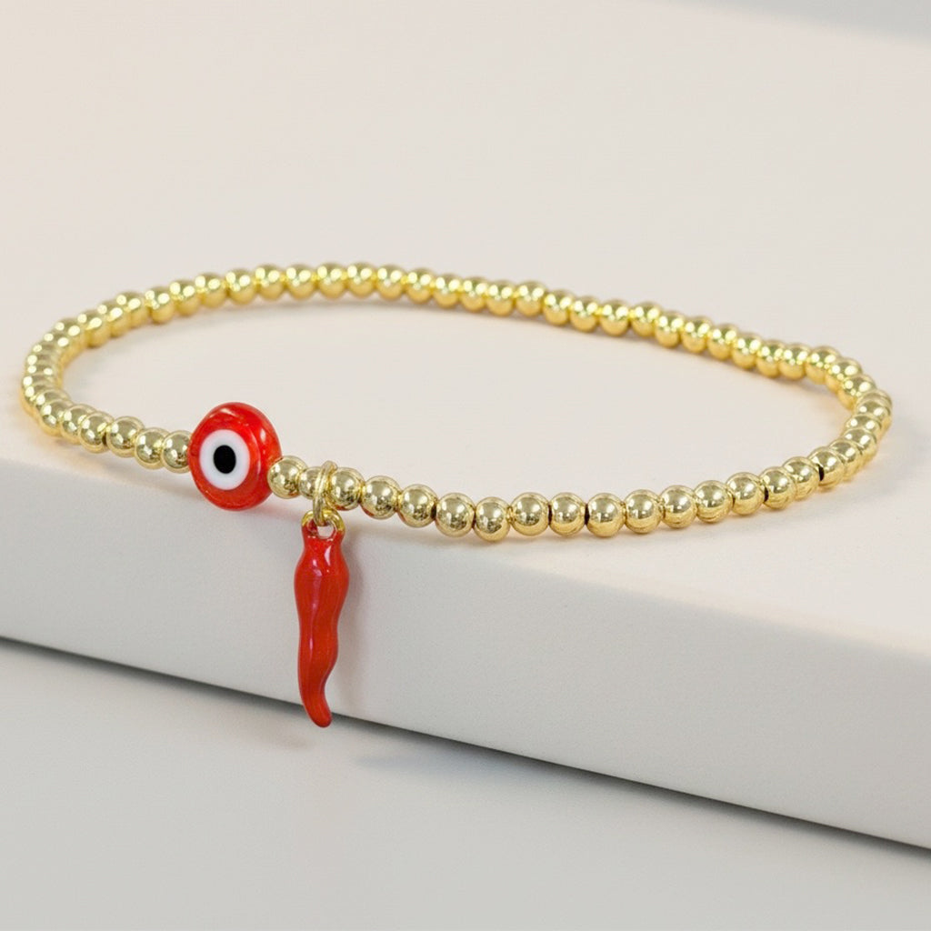 gold Italian horn evil eye anklet red enamel cornicello charm beaded stretch anklet