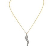 Gia Large Glam Pavé Horn Necklace in gold with silver Italian Cornicello charm on 16 inch chain