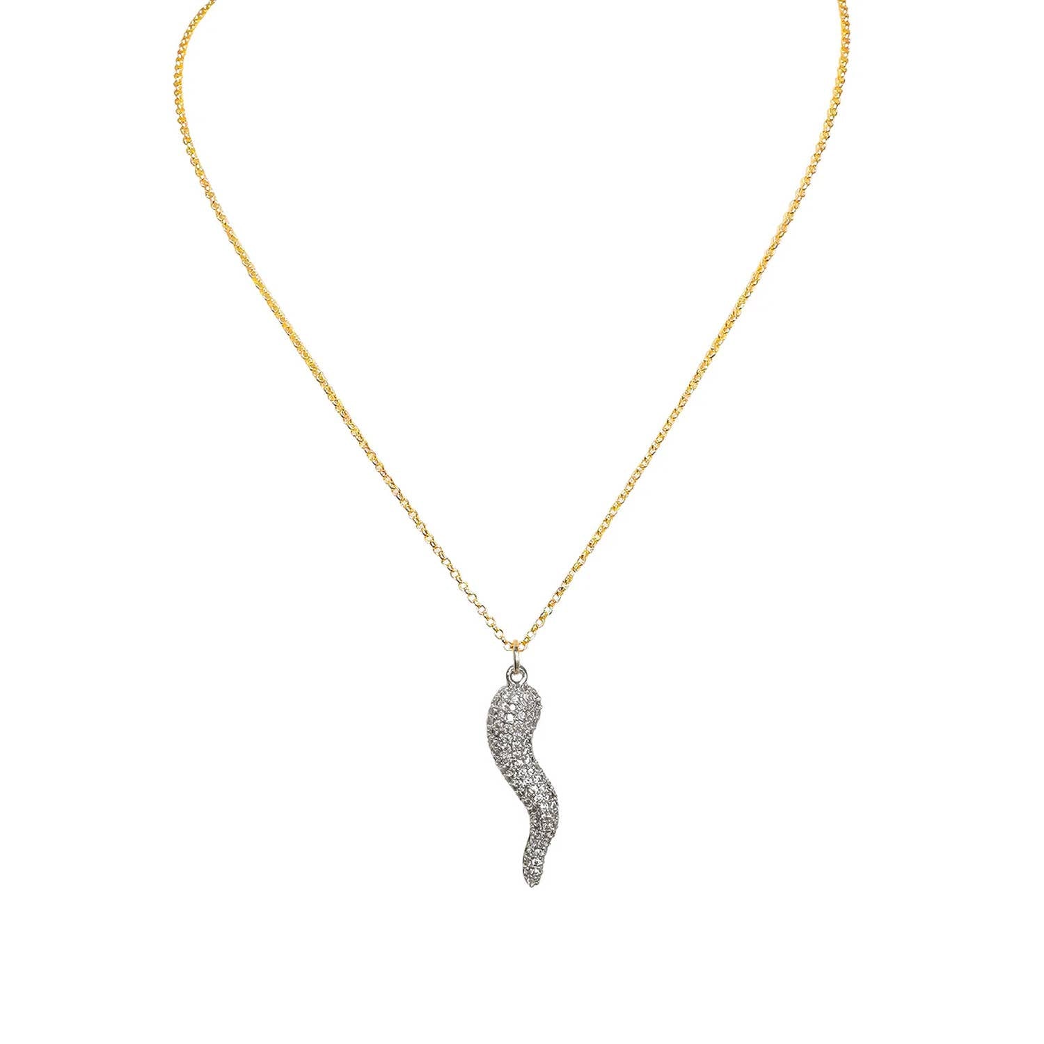 Gia Large Glam Pavé Horn Necklace in gold with silver Italian Cornicello charm on 16 inch chain