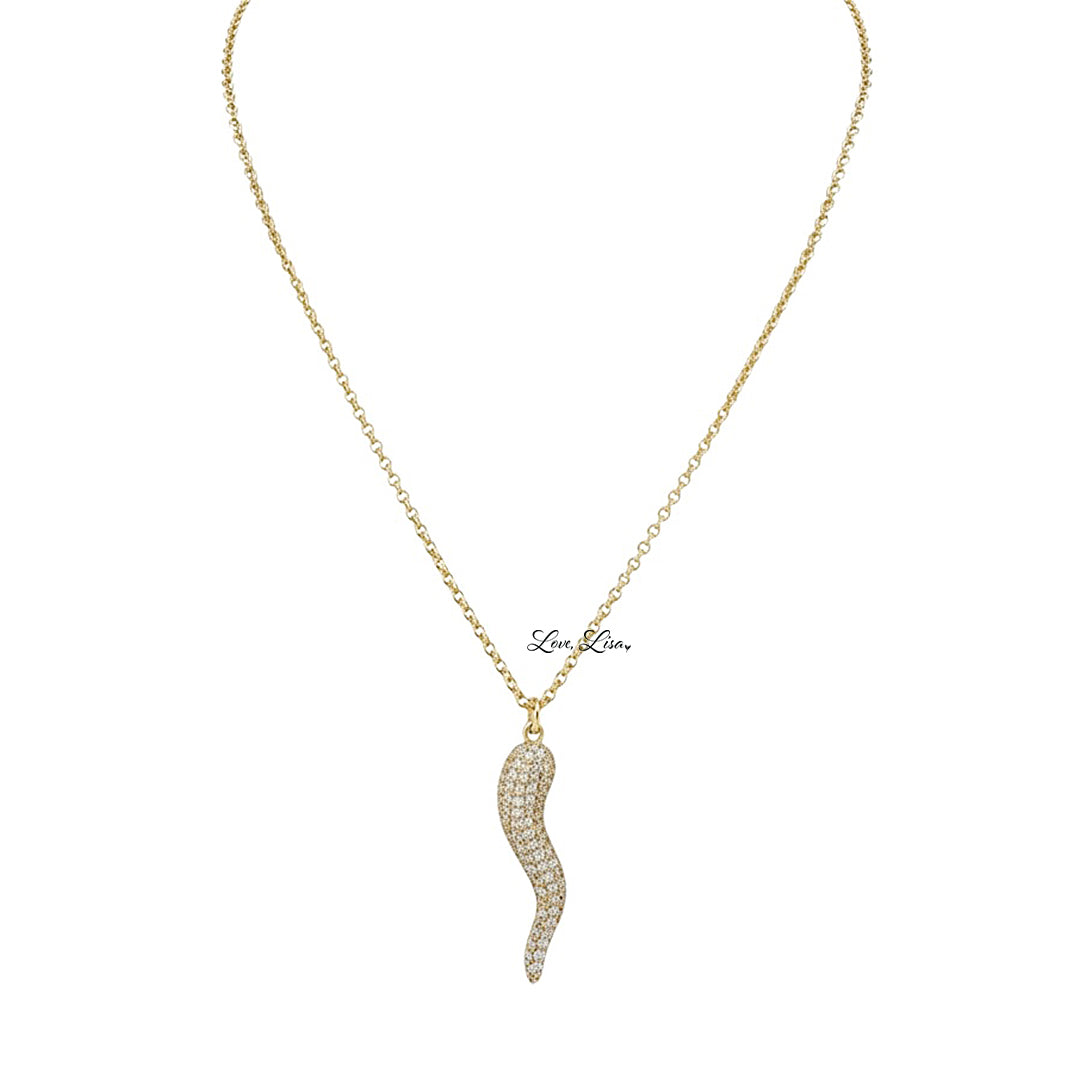 Love Lisa large pave Italian horn necklace gold crystal cornicello pendant protection jewelry statement necklace