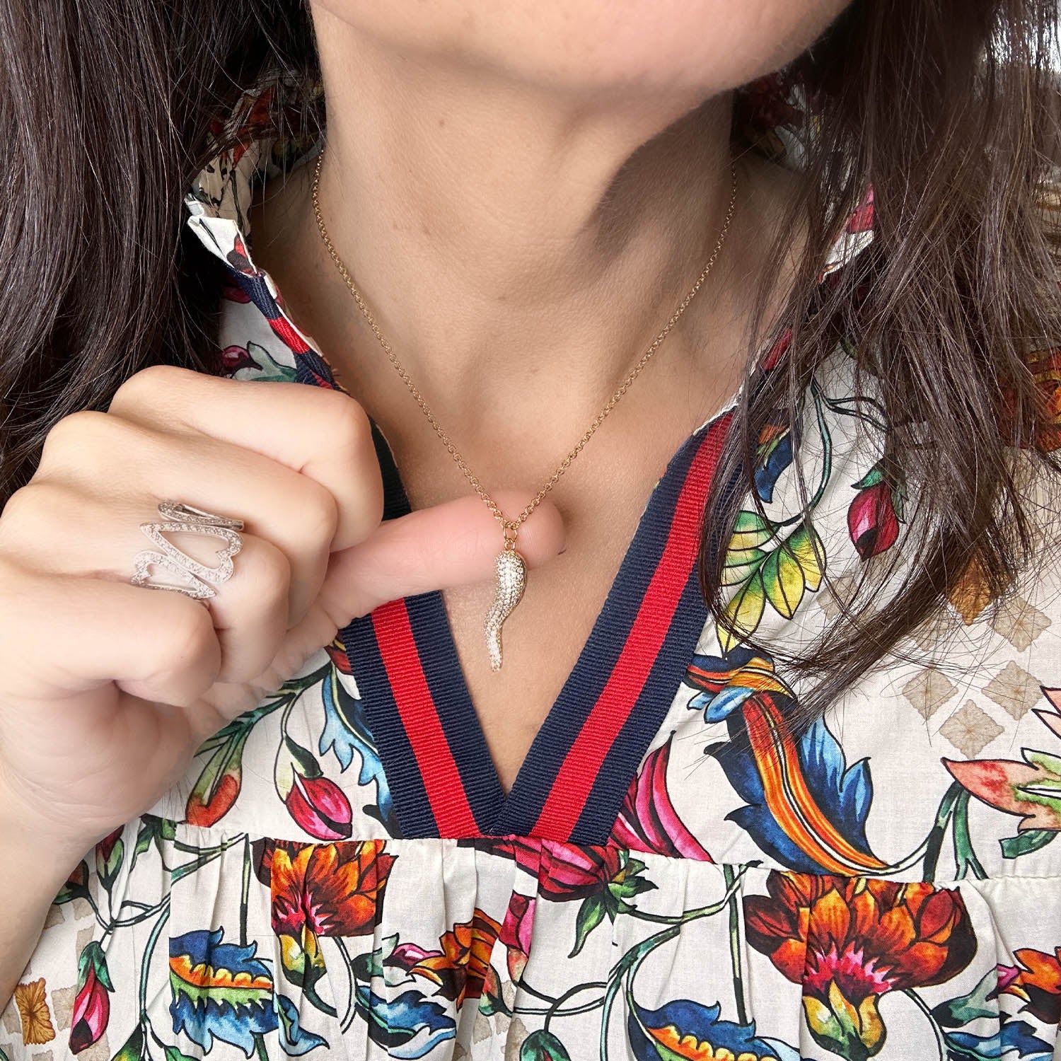 Love Lisa model wearing Gia Large Pave Italian Horn Necklace