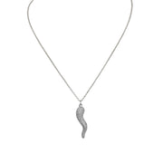 Close-up of Gia Large Pavé Horn Necklace in silver highlighting the detailed Cornicello charm