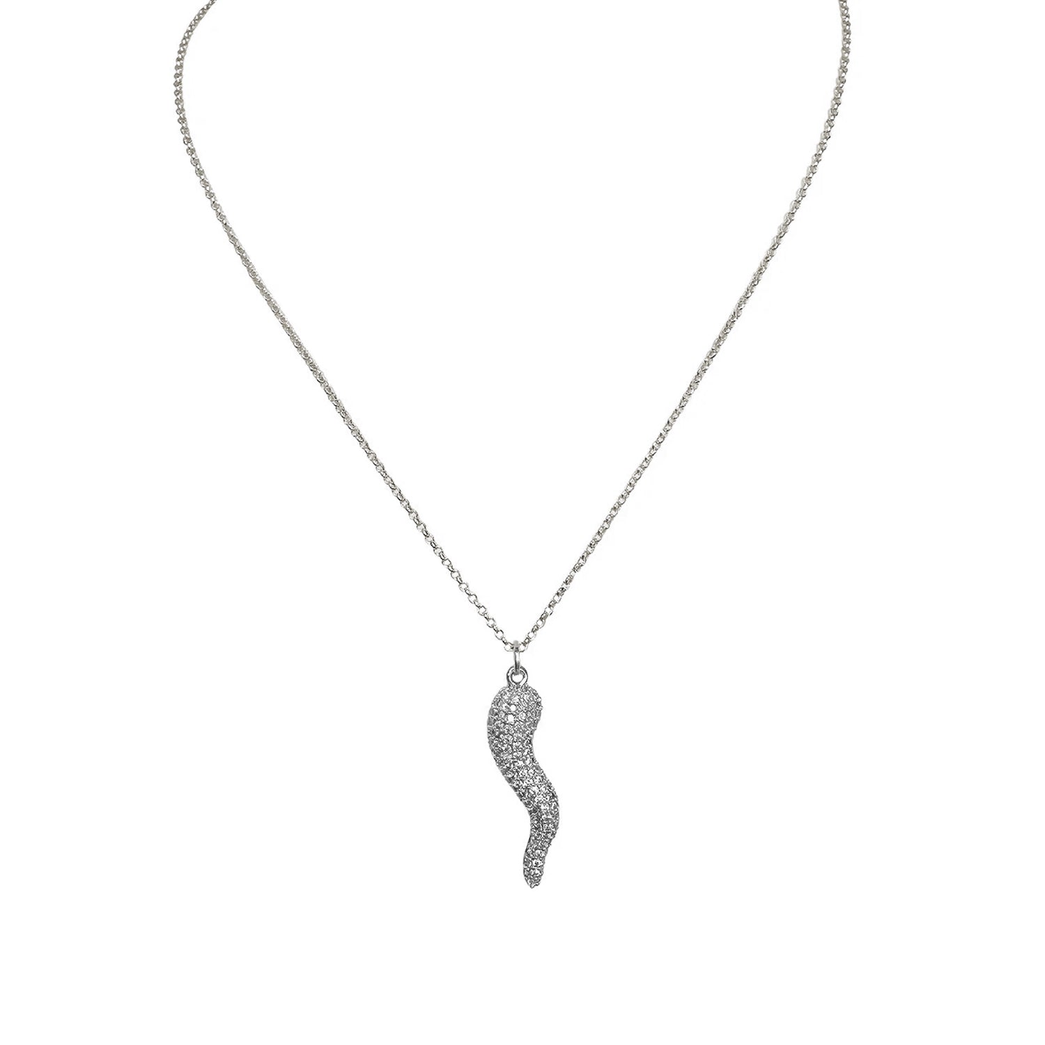 Close-up of Gia Large Pavé Horn Necklace in silver highlighting the detailed Cornicello charm
