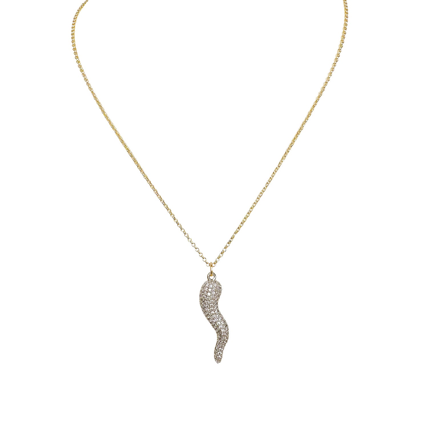 Gia Large Glam Pavé Horn Necklace in gold with Italian Cornicello charm on 16 inch chain