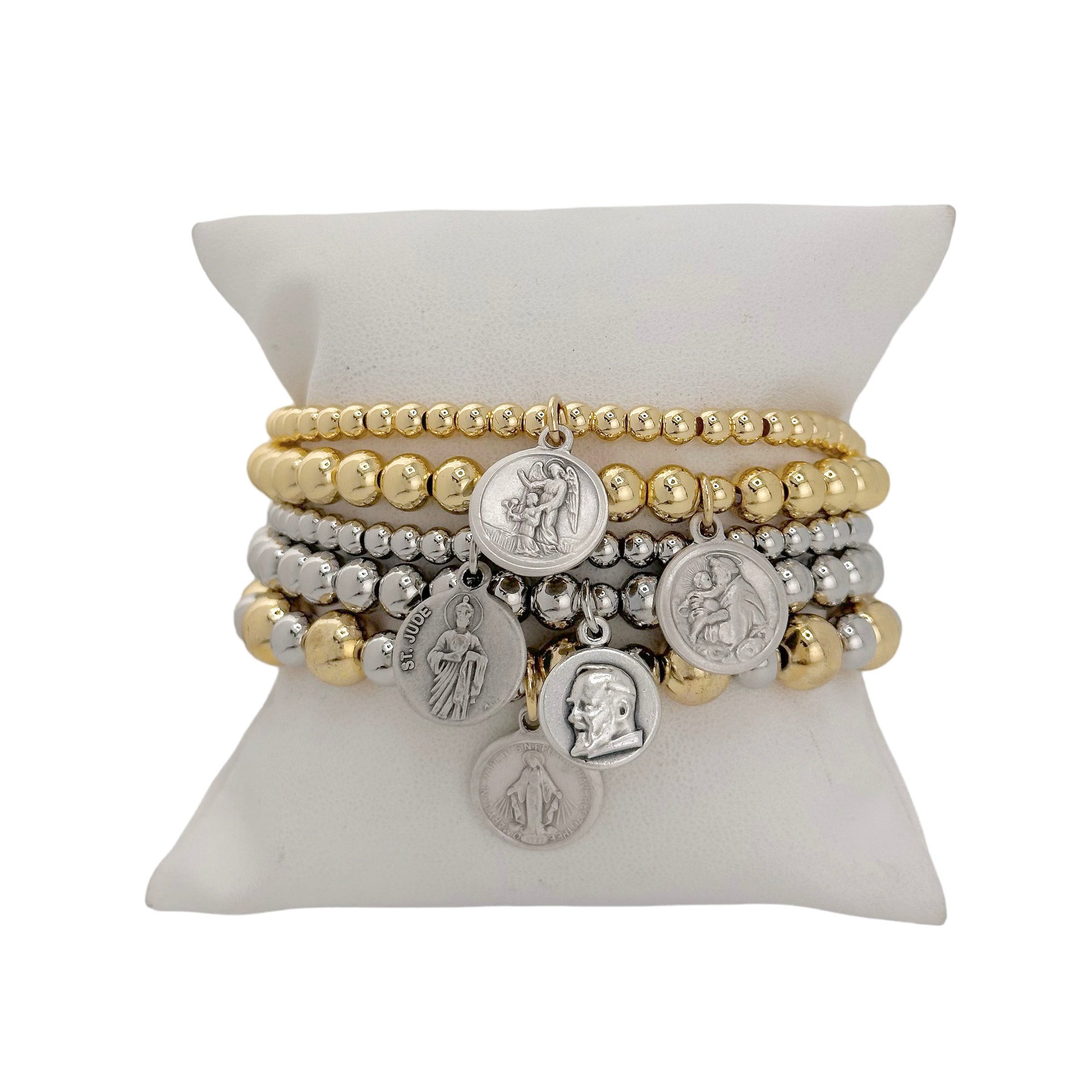 Love Lisa Gia Religious Prayer Bracelet Stack display with saint charms