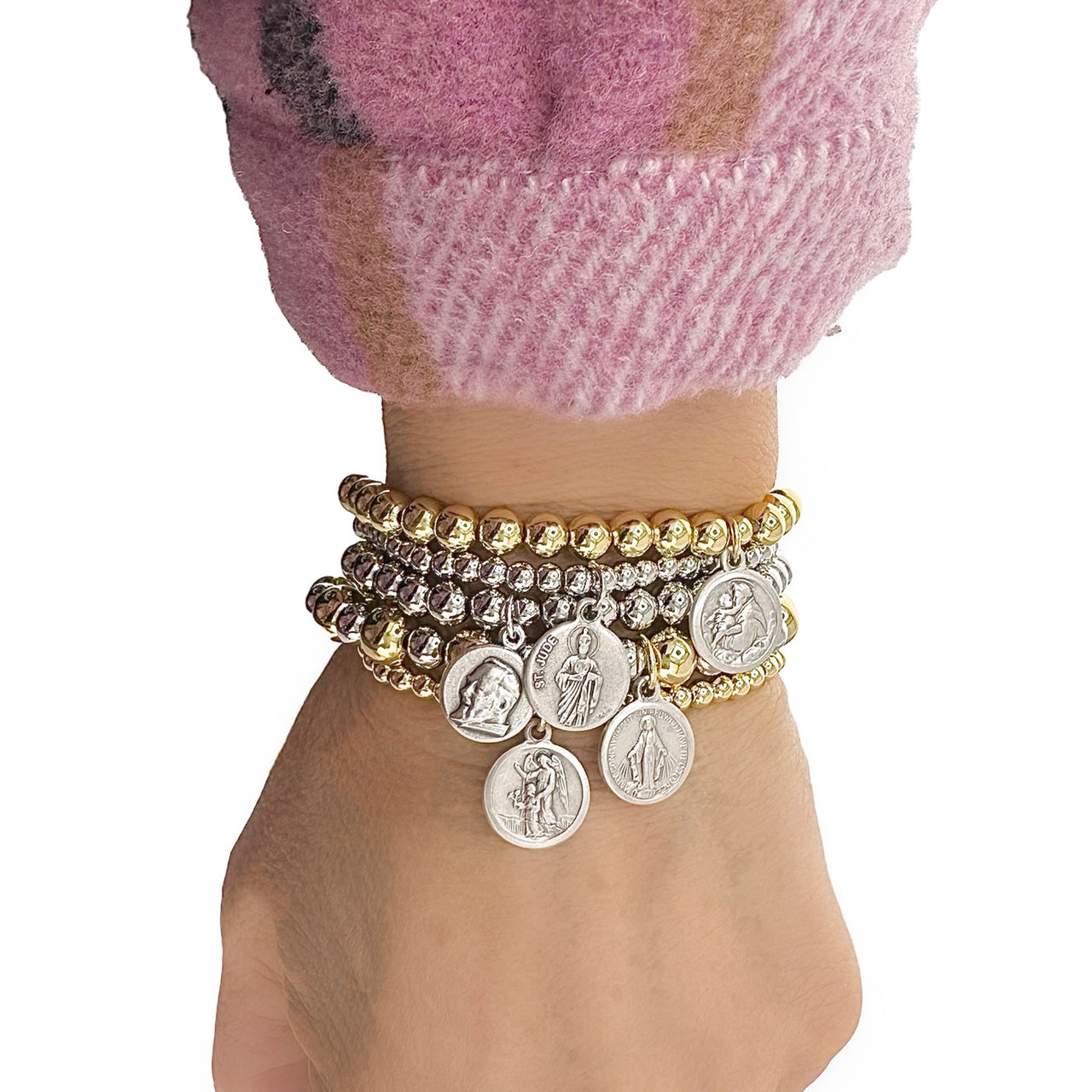 Love Lisa model wearing Gia Religious Prayer Bracelet Stack faith jewelry