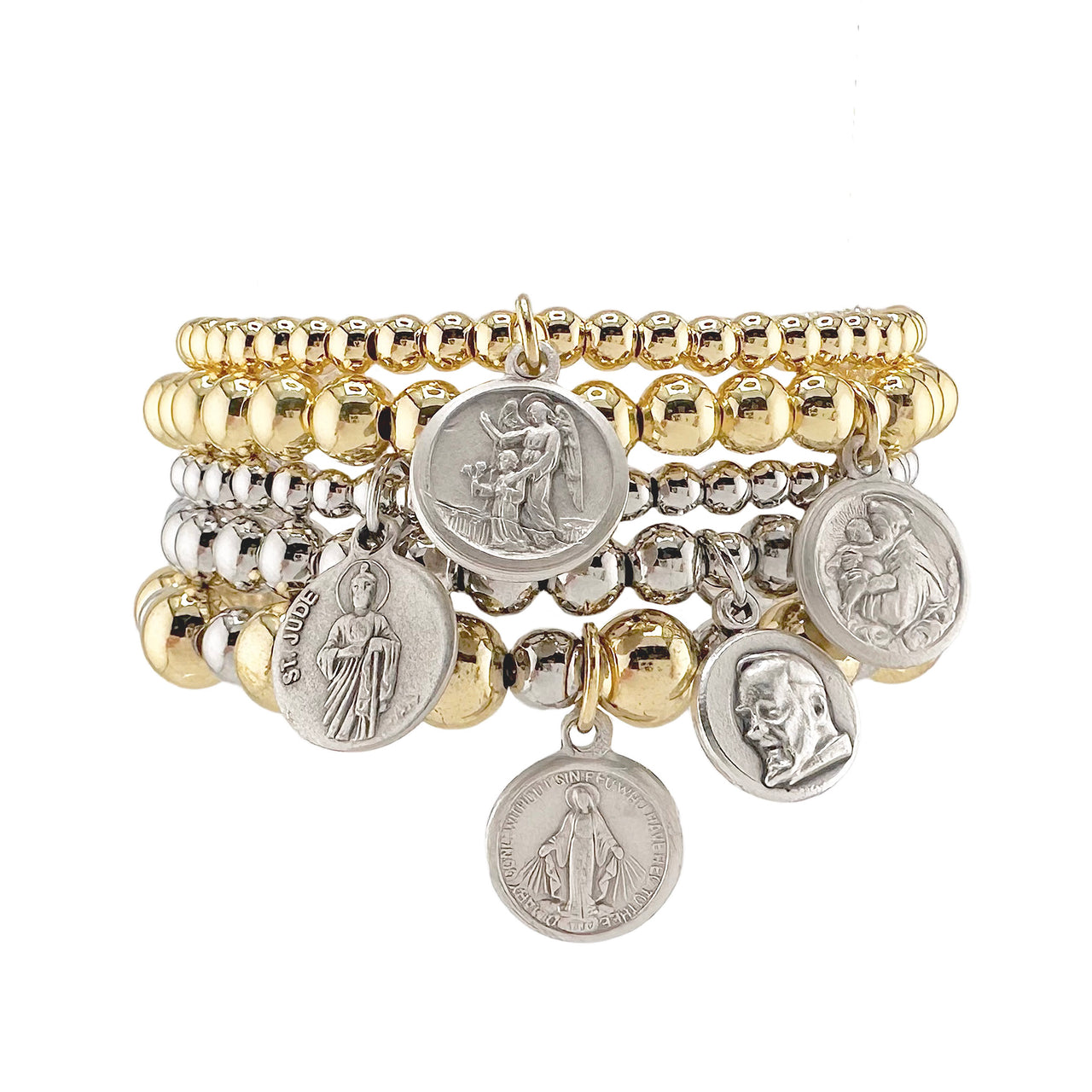 A set of five religious prayer bracelets with gold and silver colors, featuring various charm medals including the Guardian Angel, St. Jude, Miraculous, St.