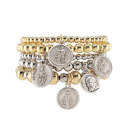 A set of five religious prayer bracelets with gold and silver colors, featuring various charm medals including the Guardian Angel, St. Jude, Miraculous, St.