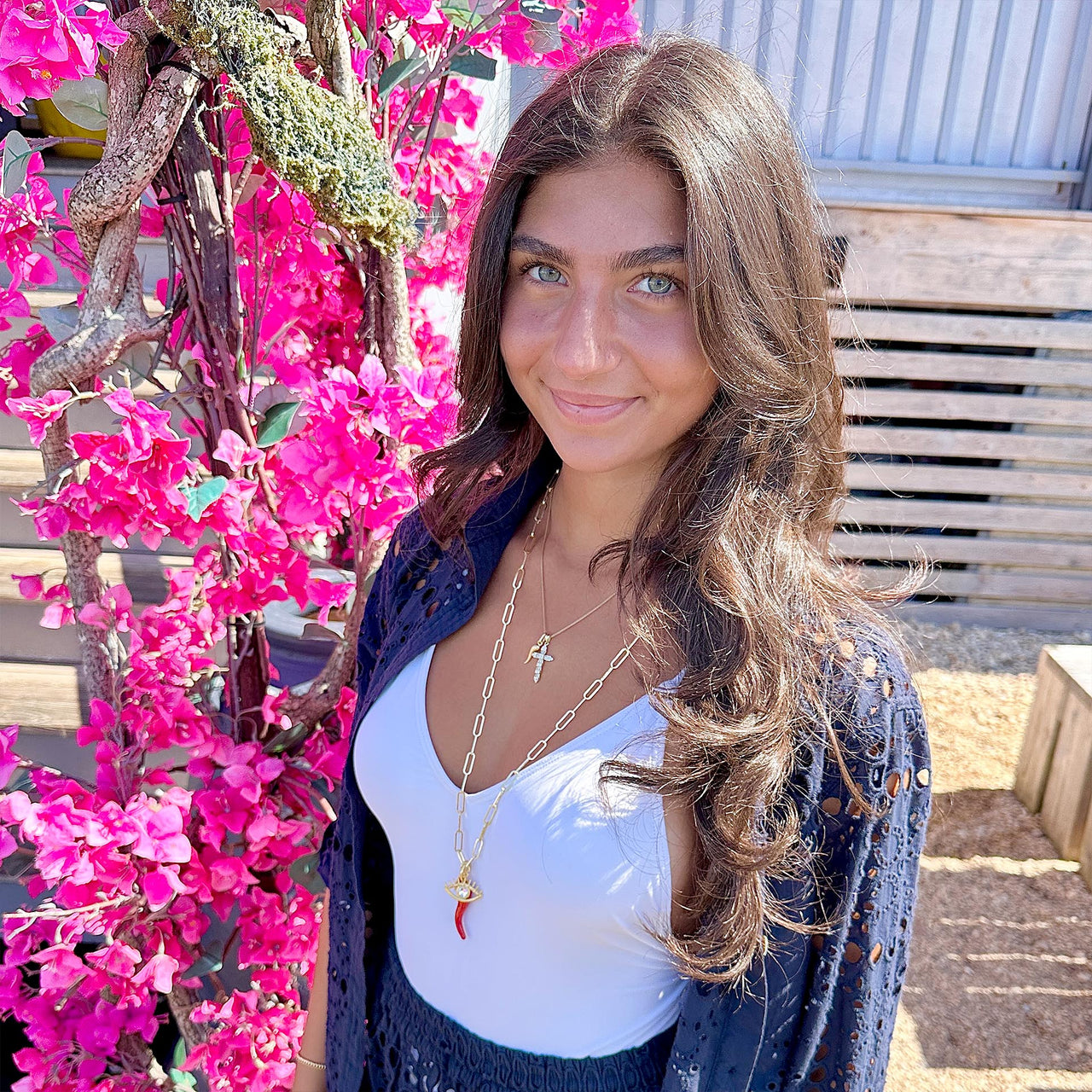 model wearing the gianna italian horn necklace