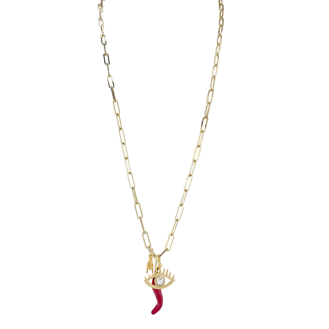 Love Lisa Gianna Italian Horn Mano Charm Necklace in gold with red Italian horn, Mano Cornuto hand, and crystal eye charm