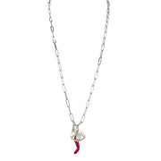 Necklace with a red  horn and eye pendant on a white chain against a white background