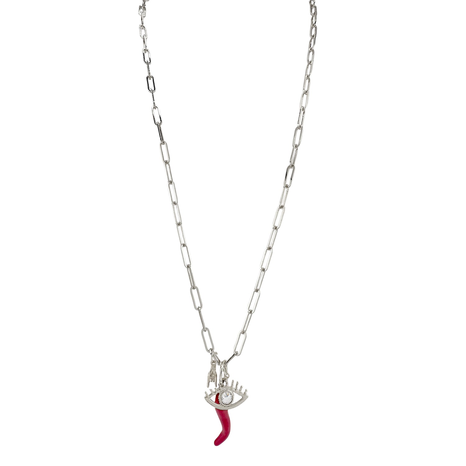 Necklace with a red  horn and eye pendant on a white chain against a white background