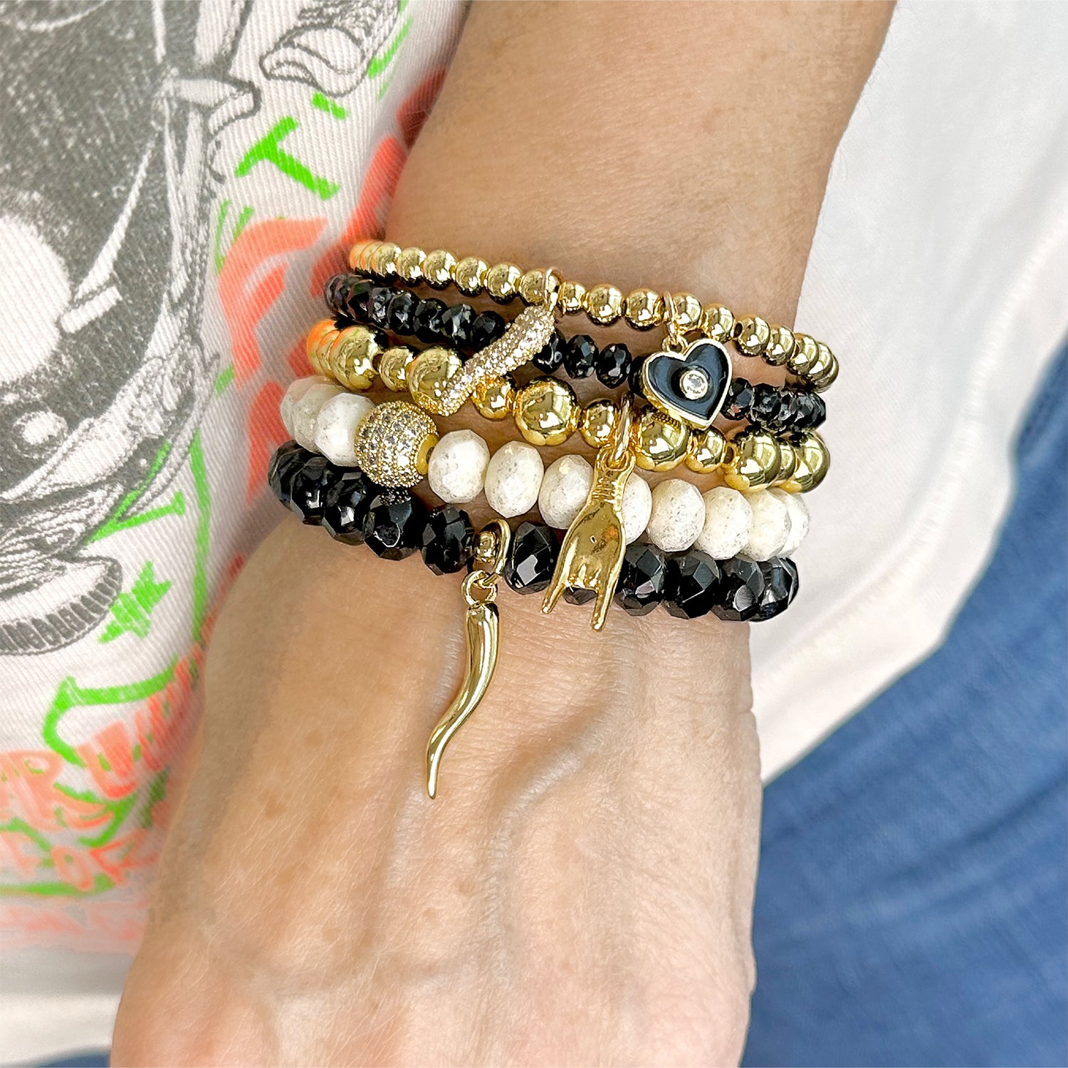 Love Lisa lifestyle photo Gianna Italian Horn Stack of Beaded Bracelets