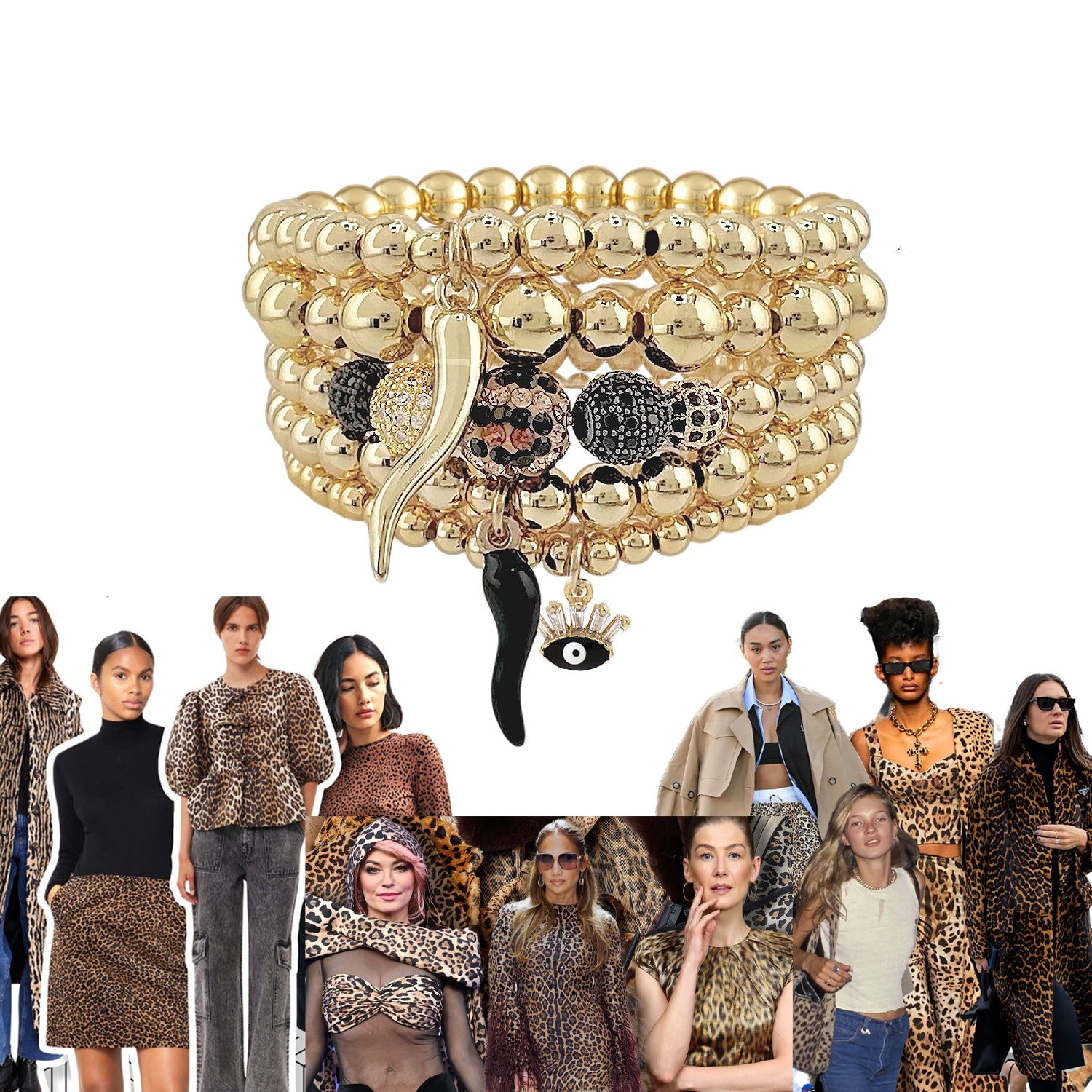 Gianna Leopard Italian Horn Stack Love Lisa gold and black beads