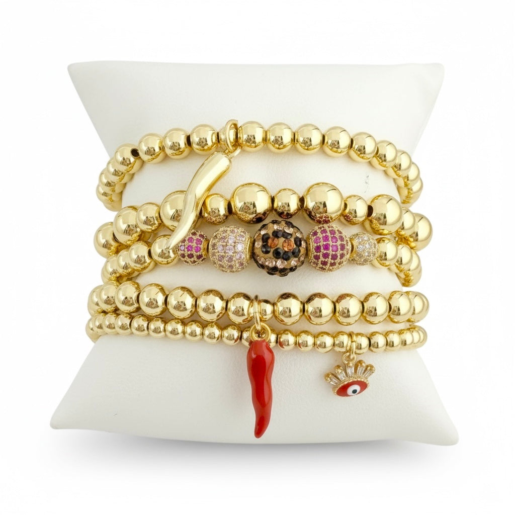 gianna leopard red stack of horn bracelets and evil eye