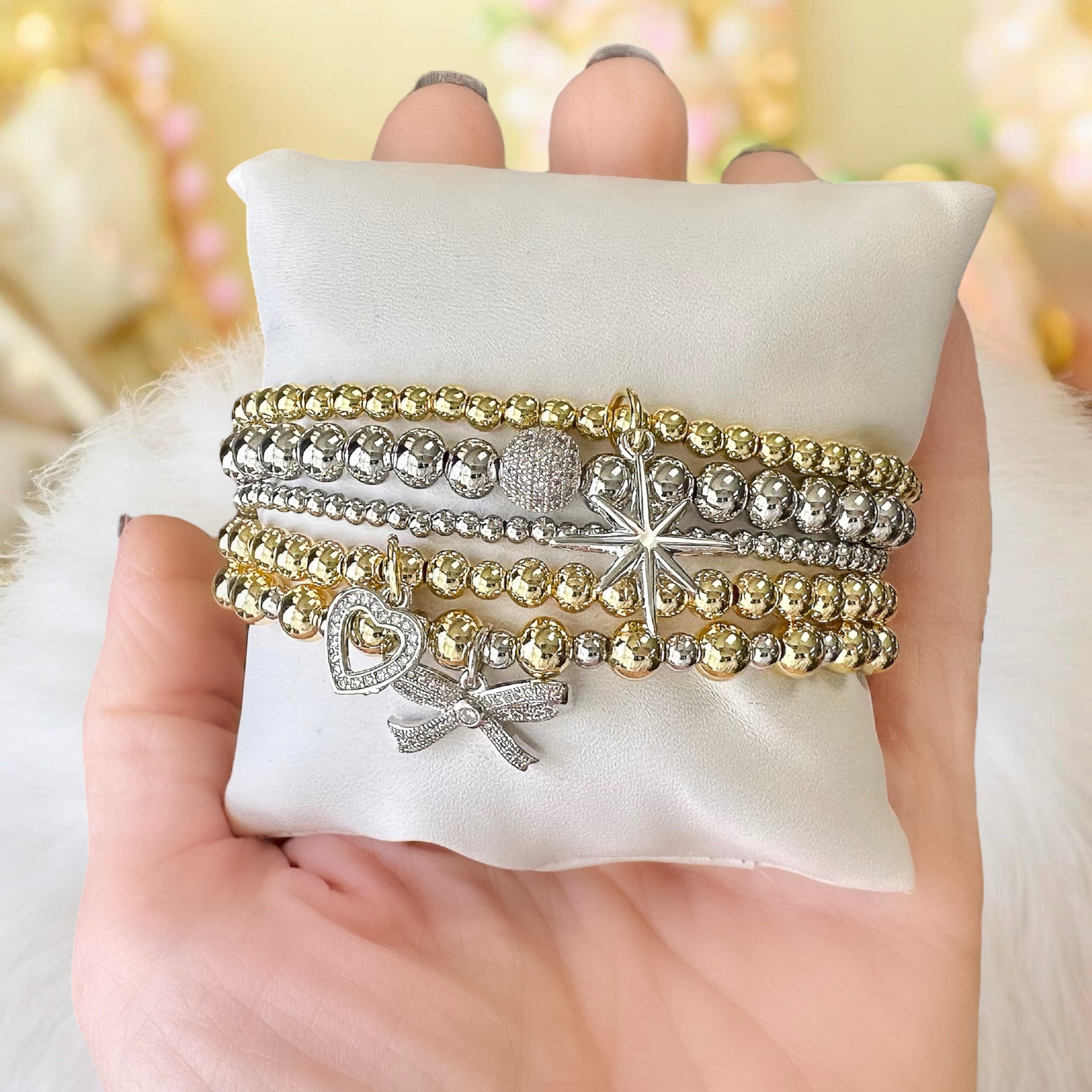 Love Lisa Gina Ribbon Bow Stack of Bracelets with heart and star charms