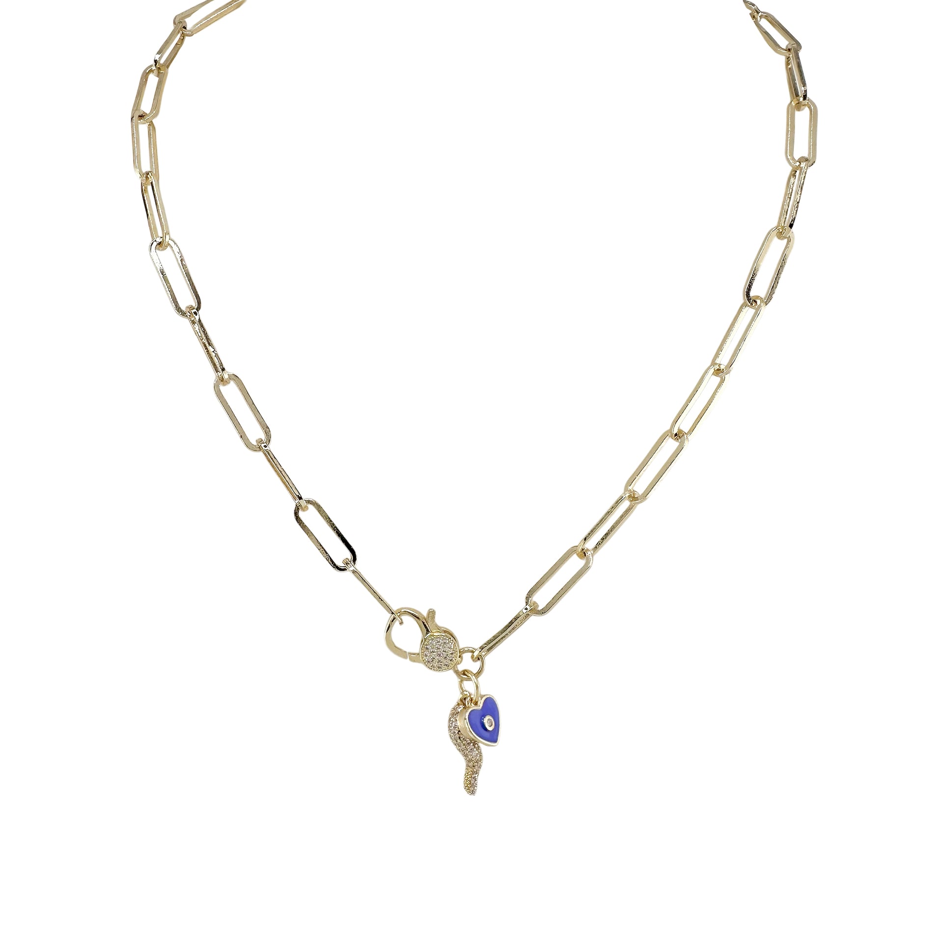 blue and gold Italian horn necklace with heart and evil eye charms
