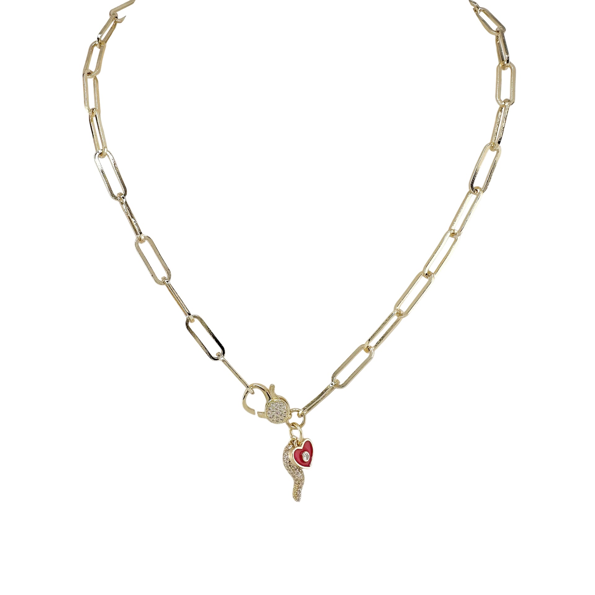 red and gold Italian horn necklace with heart and evil eye charms