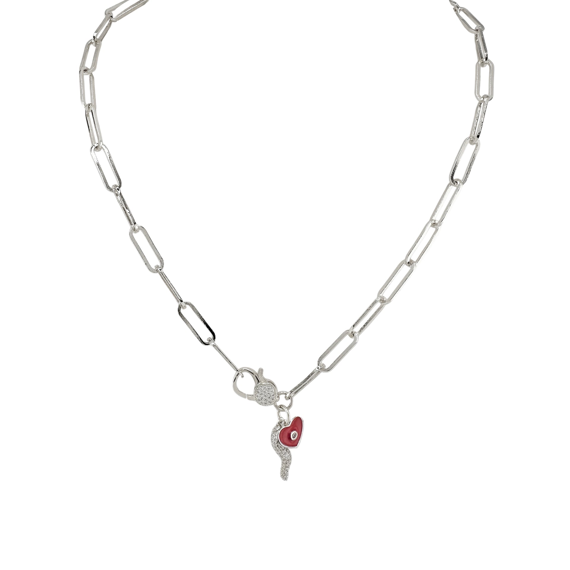 red and silver horn charm necklace with heart and evil eye