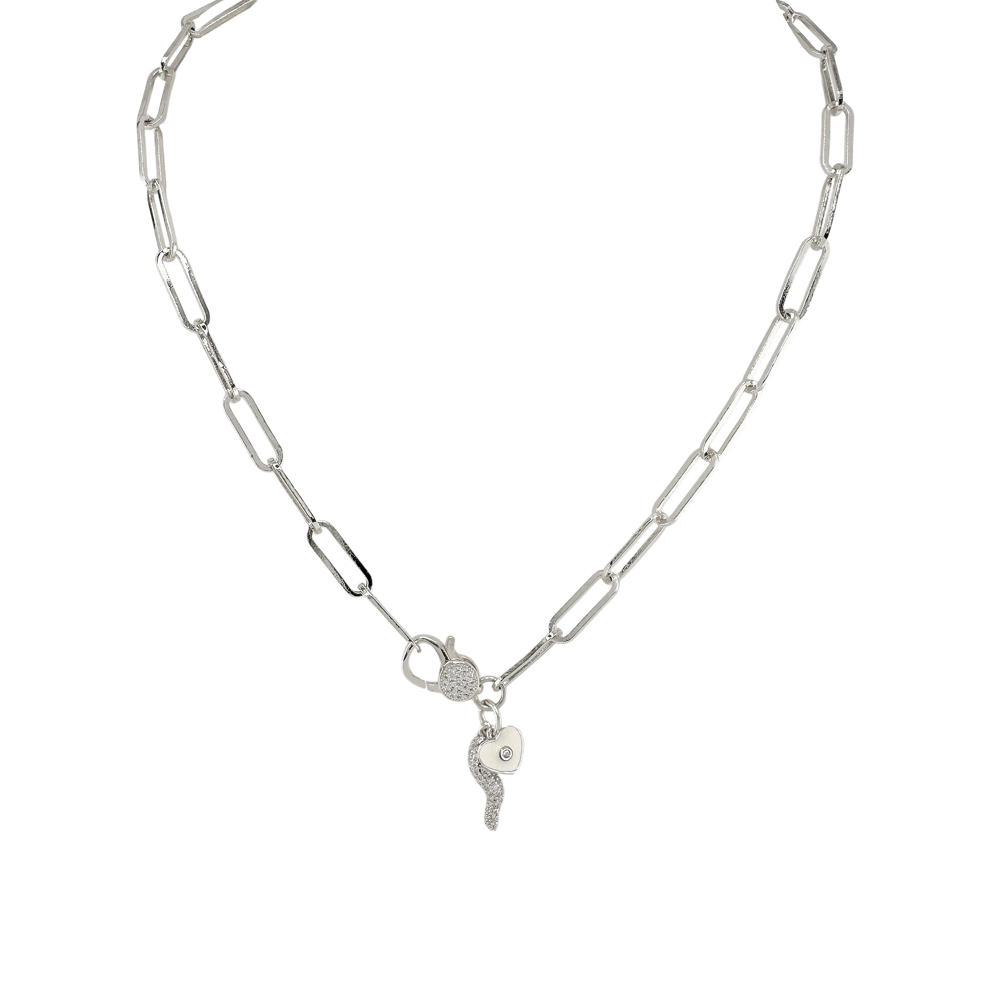 white and silver horn charm necklace with heart and evil eye