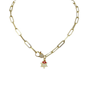 A gold-colored paperclip necklace with a star of david charm and a small red evil eye charm on top of it.