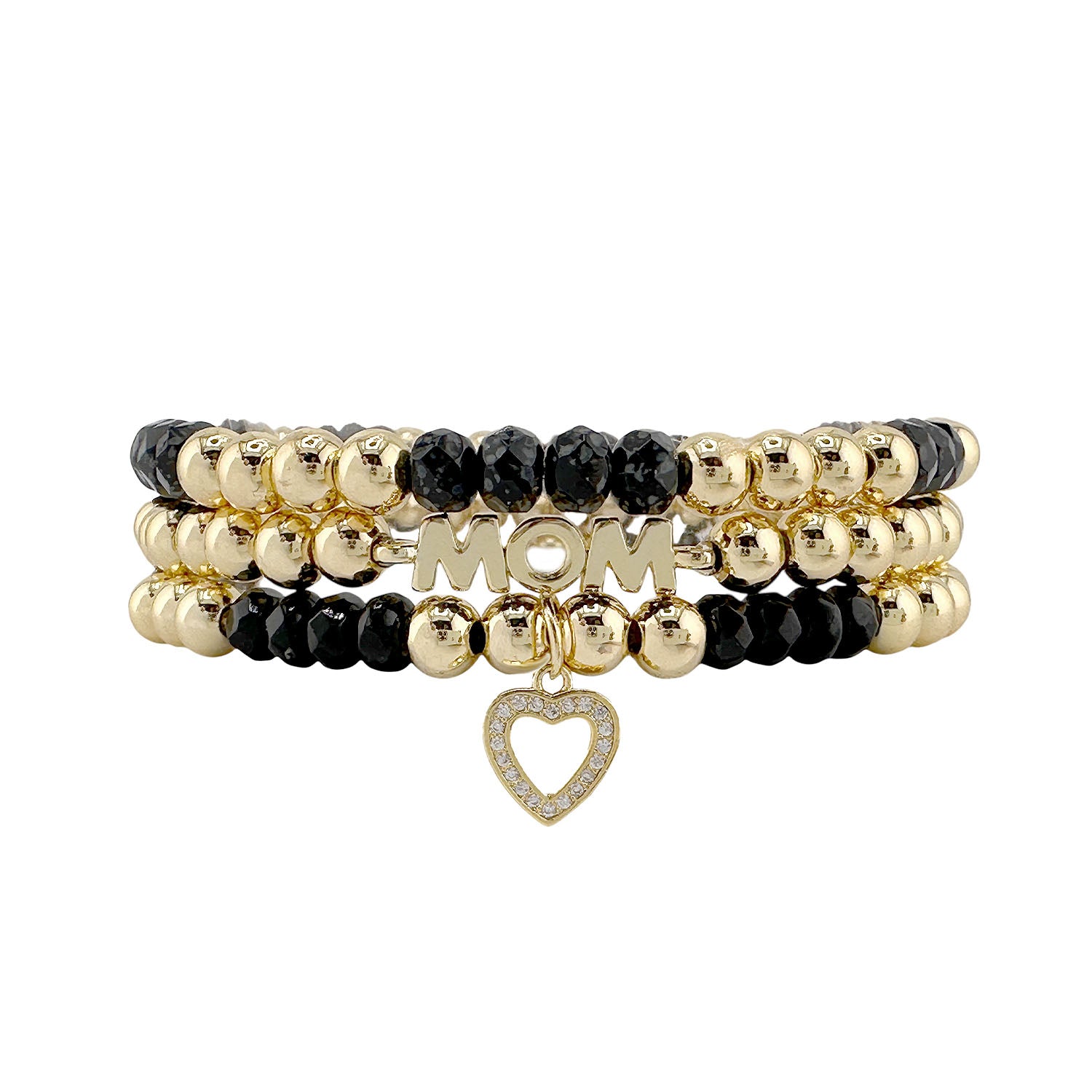 black and gold glam family bracelet stack love lisa jewelry elegant beaded design with mom and symbolic heart charm