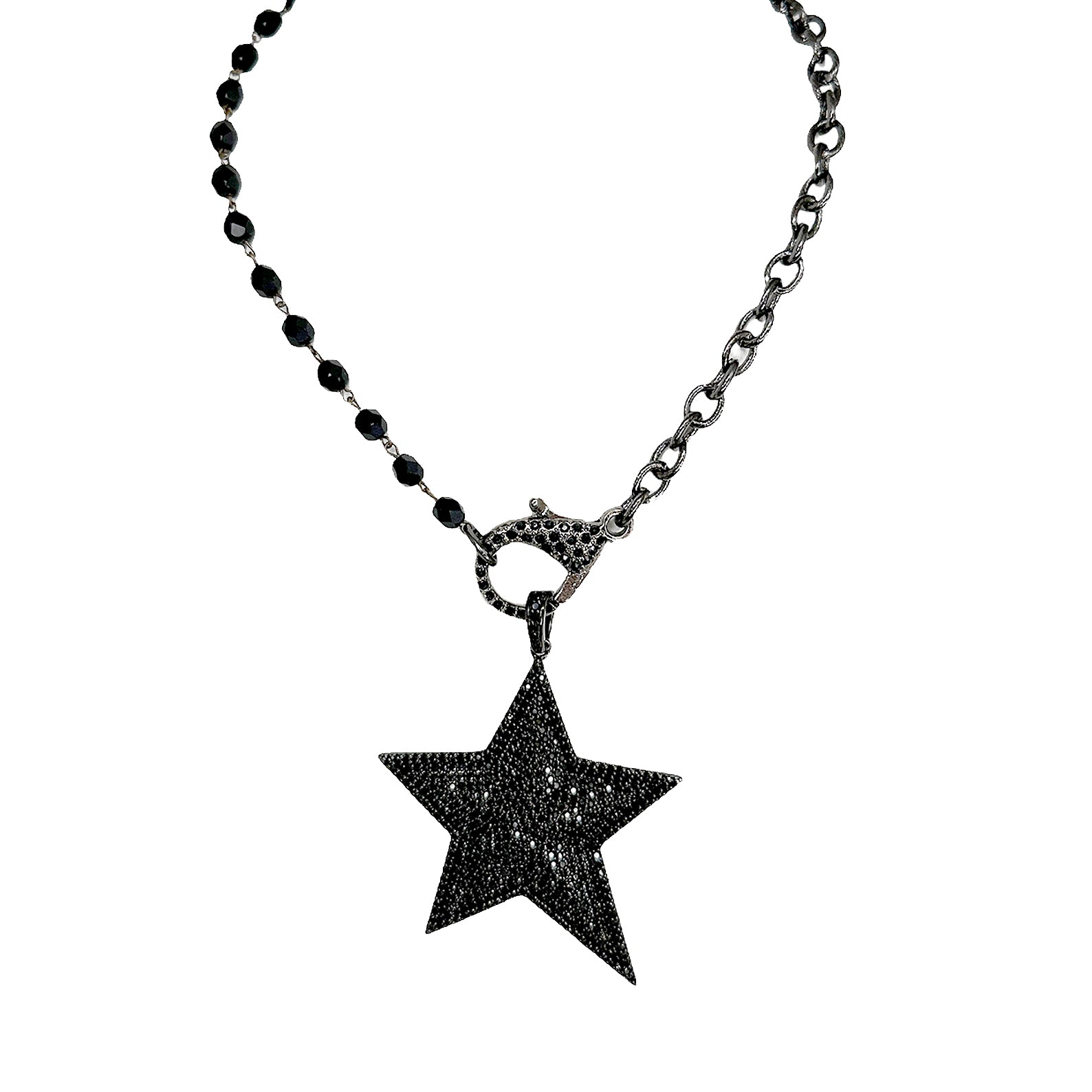 Bold gunmetal starburst pendant with pavé accents on clasp