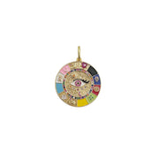 A gold-tone metal charm featuring a central pavé evil eye surrounded by a kaleidoscope of colorful enamel panels with mystical icons.