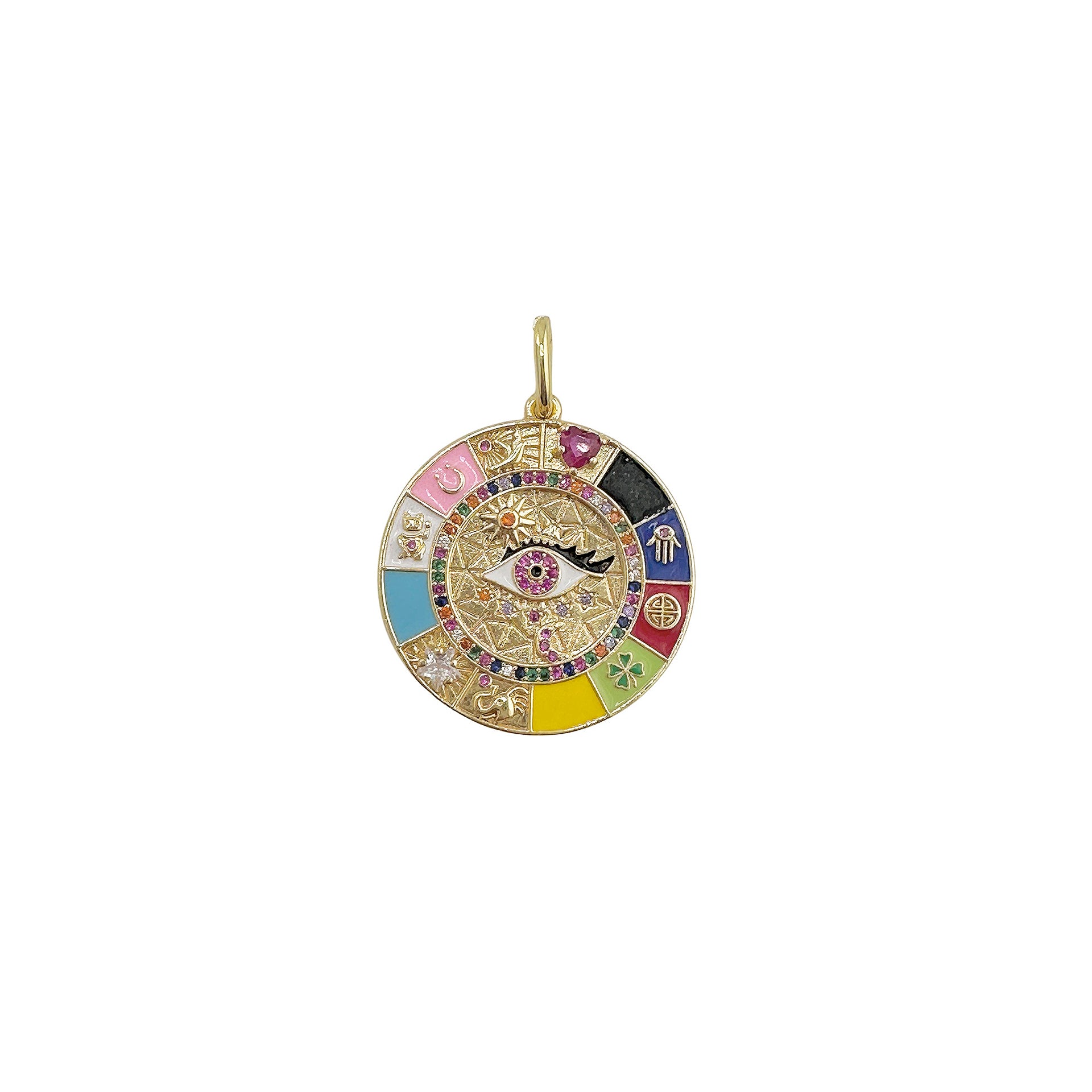 A gold-tone metal charm featuring a central pavé evil eye surrounded by a kaleidoscope of colorful enamel panels with mystical icons.