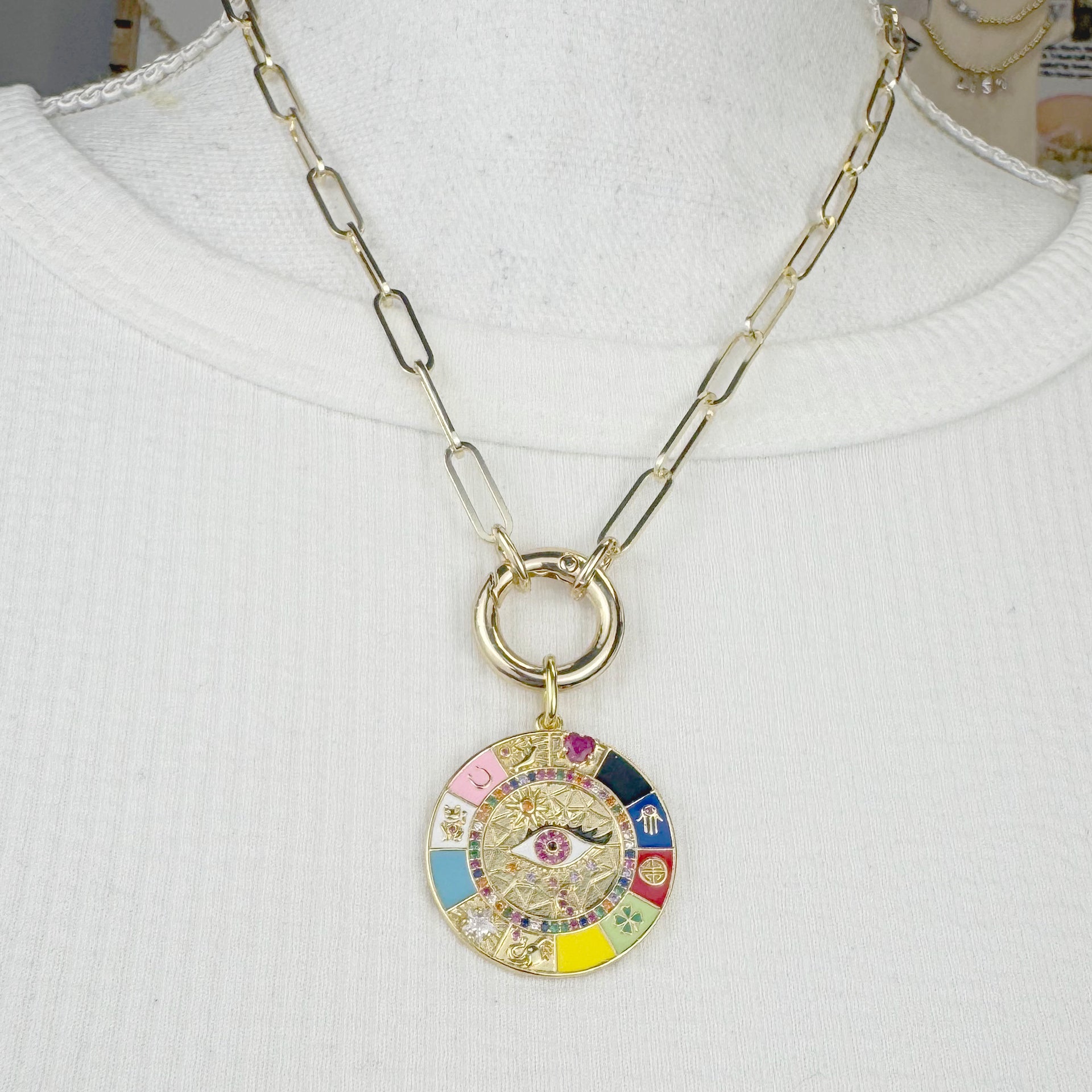 love lisa gloria evil eye enamel charm necklace gold pavé evil eye pendant layered jewelry look