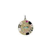 Gold enamel evil eye charm with multicolor symbols and crystals