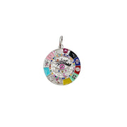 Gold enamel evil eye charm with multicolor symbols and crystals