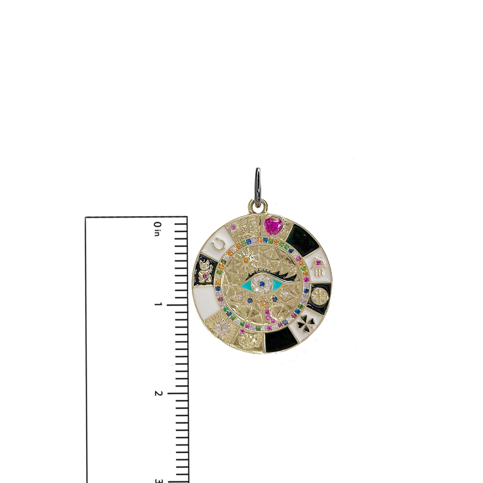 Enamel talisman charm with lucky symbols and pavé accents measurement